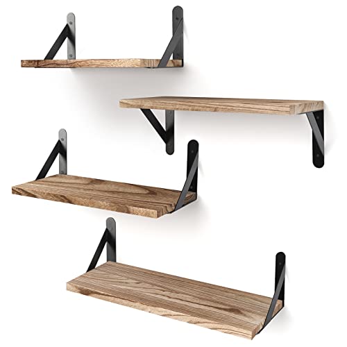 YGEOMER Estantes Flotantes, Estantes de Madera Rústica, 4 Juegos de Estantes de Pared para Decoración de Baño, Dormitorio, Sala de Estar y Plantas (Negro Carbonizado)