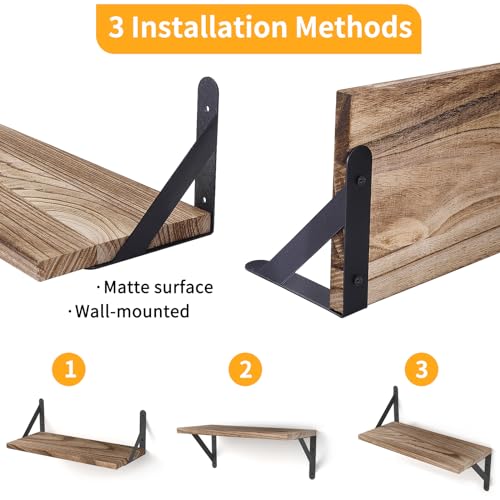 YGEOMER Estantes Flotantes, Estantes de Madera Rústica, 4 Juegos de Estantes de Pared para Decoración de Baño, Dormitorio, Sala de Estar y Plantas (Negro Carbonizado)