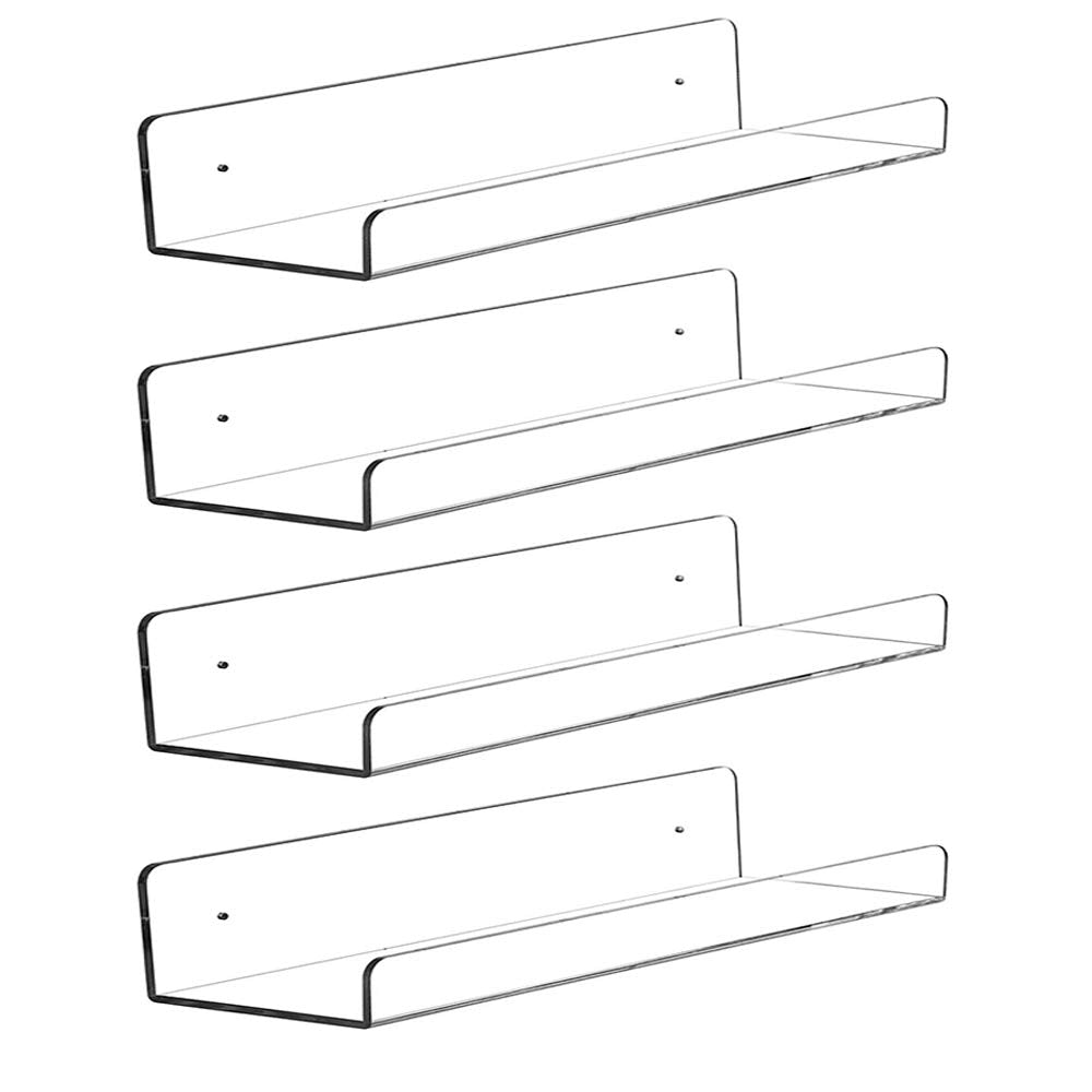 CY craft Clear Acrylic Floating Shelves Display Ledge, 5 MM Thick Wall Mounted Storage Shelf for Kitchen/Bathroom/Office,Invisible Kids Bookshelf and Spice Rack,15 Inch,Set of 4