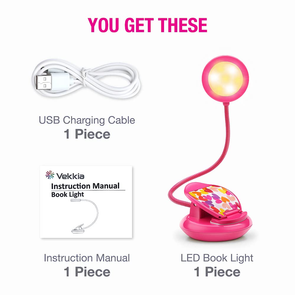Vekkia Linda luz de libro recargable, luces de lectura con clip para el cuidado de los ojos para leer en la cama, 3 colores y 3 brillos, peso ligero de 1.8 oz, hasta 40 horas de lectura, excelentes regalos para niños y lectores (rojo rosa)