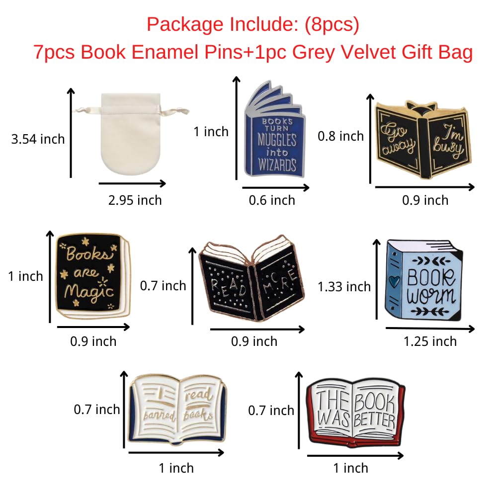 FOVIUPET - 7 pines esmaltados de dibujos animados con bolsa de terciopelo beige, insignias mágicas, bonitos broches decorativos para solapa, para mochilas, ropa, regalos de aprendizaje para profesores, estudiantes, lectores y amantes de los libros (SET A)