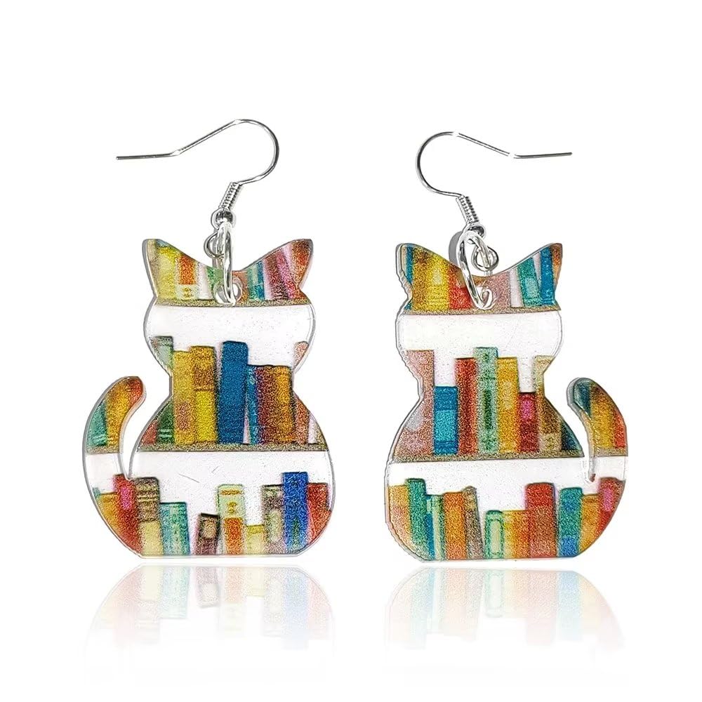 twinkle eye Pendientes de libro de gato Pendientes colgantes de libro de acrílico Regalos para amantes de los gatos Regalos para amantes de los libros para mujeres Bibliotecaria Regalos de regreso a la escuela para maestros