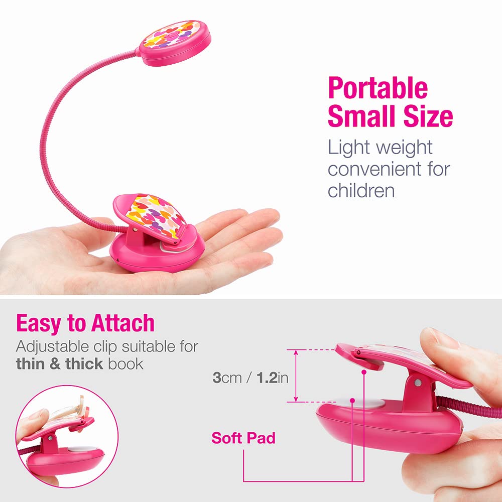 Vekkia Linda luz de libro recargable, luces de lectura con clip para el cuidado de los ojos para leer en la cama, 3 colores y 3 brillos, peso ligero de 1.8 oz, hasta 40 horas de lectura, excelentes regalos para niños y lectores (rojo rosa)