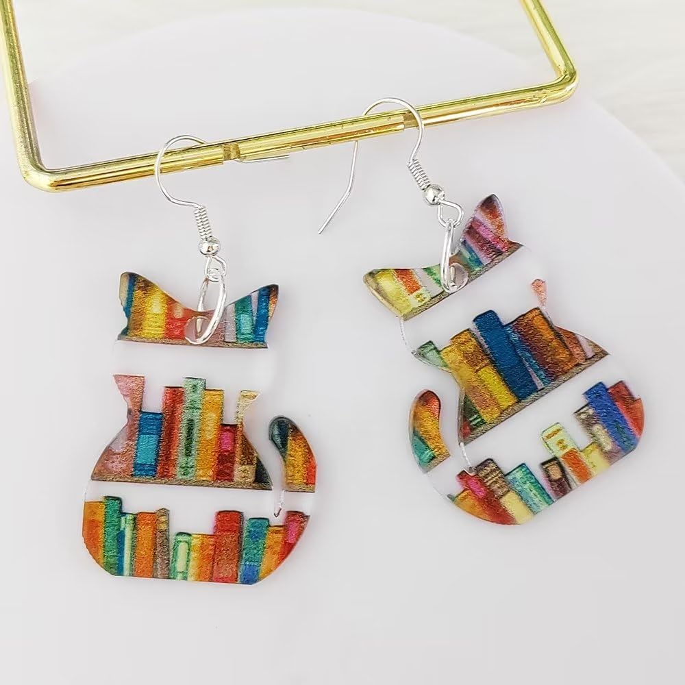 twinkle eye Pendientes de libro de gato Pendientes colgantes de libro de acrílico Regalos para amantes de los gatos Regalos para amantes de los libros para mujeres Bibliotecaria Regalos de regreso a la escuela para maestros