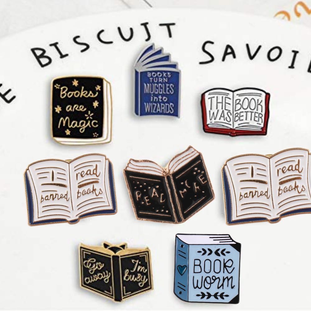 FOVIUPET - 7 pines esmaltados de dibujos animados con bolsa de terciopelo beige, insignias mágicas, bonitos broches decorativos para solapa, para mochilas, ropa, regalos de aprendizaje para profesores, estudiantes, lectores y amantes de los libros (SET A)