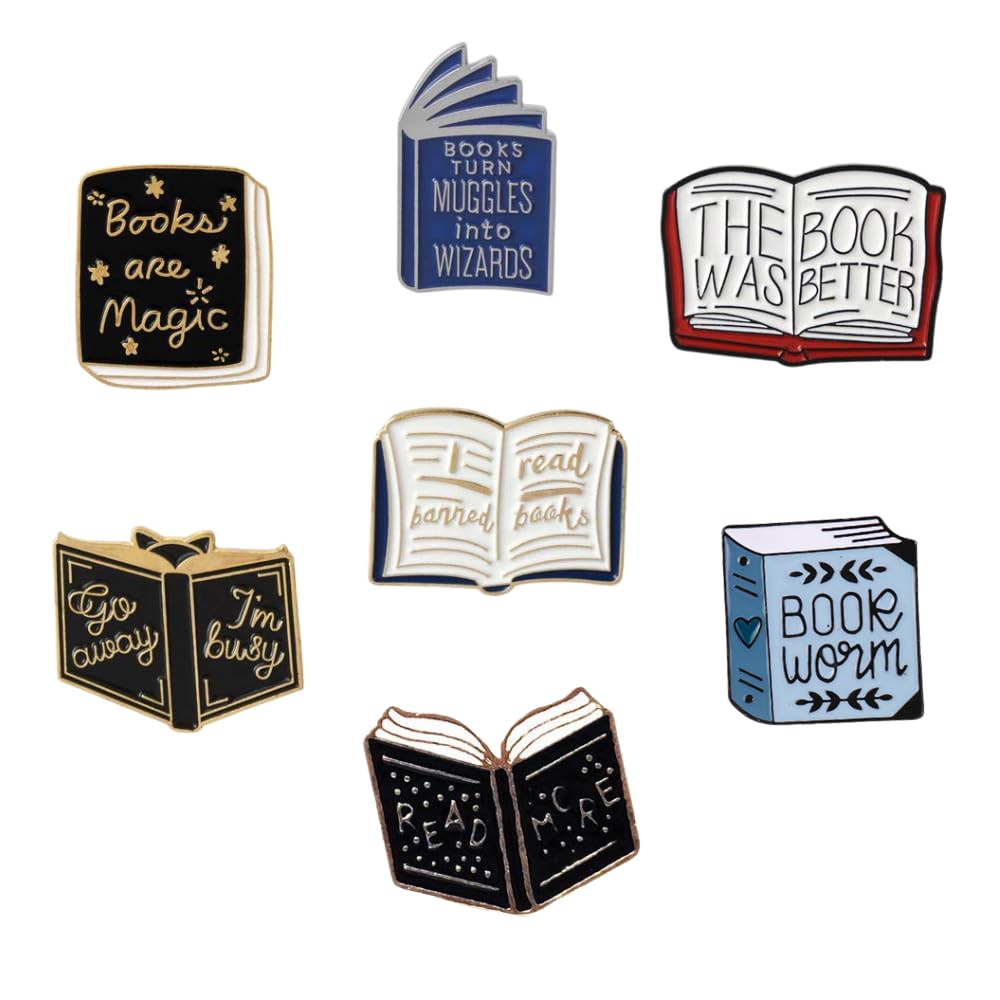FOVIUPET - 7 pines esmaltados de dibujos animados con bolsa de terciopelo beige, insignias mágicas, bonitos broches decorativos para solapa, para mochilas, ropa, regalos de aprendizaje para profesores, estudiantes, lectores y amantes de los libros (SET A)
