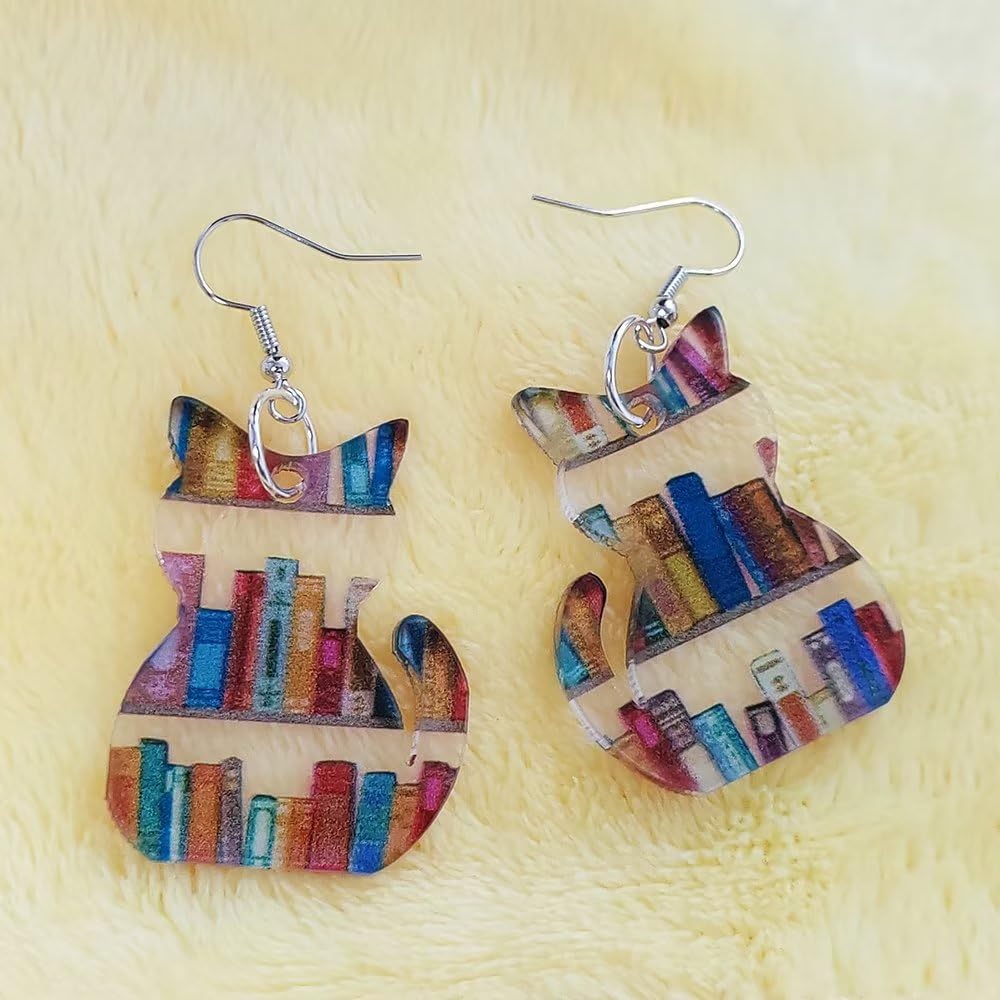 twinkle eye Pendientes de libro de gato Pendientes colgantes de libro de acrílico Regalos para amantes de los gatos Regalos para amantes de los libros para mujeres Bibliotecaria Regalos de regreso a la escuela para maestros