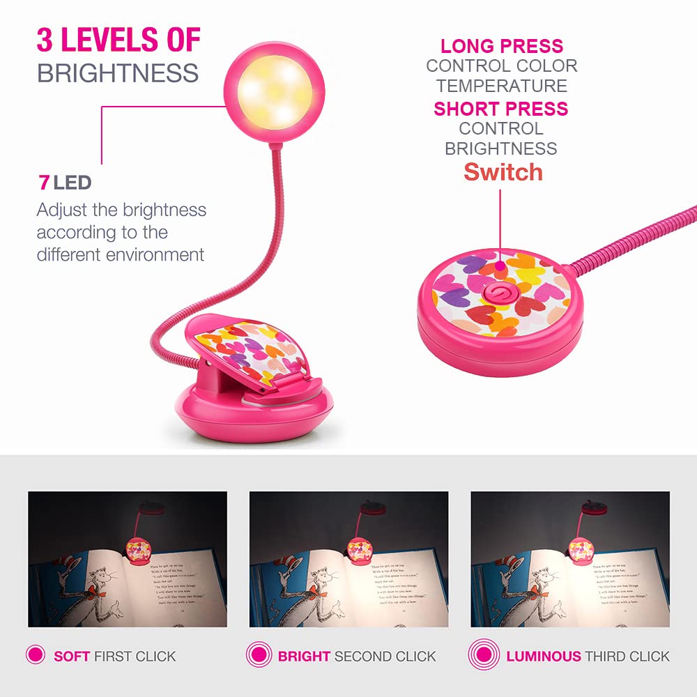 Vekkia Linda luz de libro recargable, luces de lectura con clip para el cuidado de los ojos para leer en la cama, 3 colores y 3 brillos, peso ligero de 1.8 oz, hasta 40 horas de lectura, excelentes regalos para niños y lectores (rojo rosa)