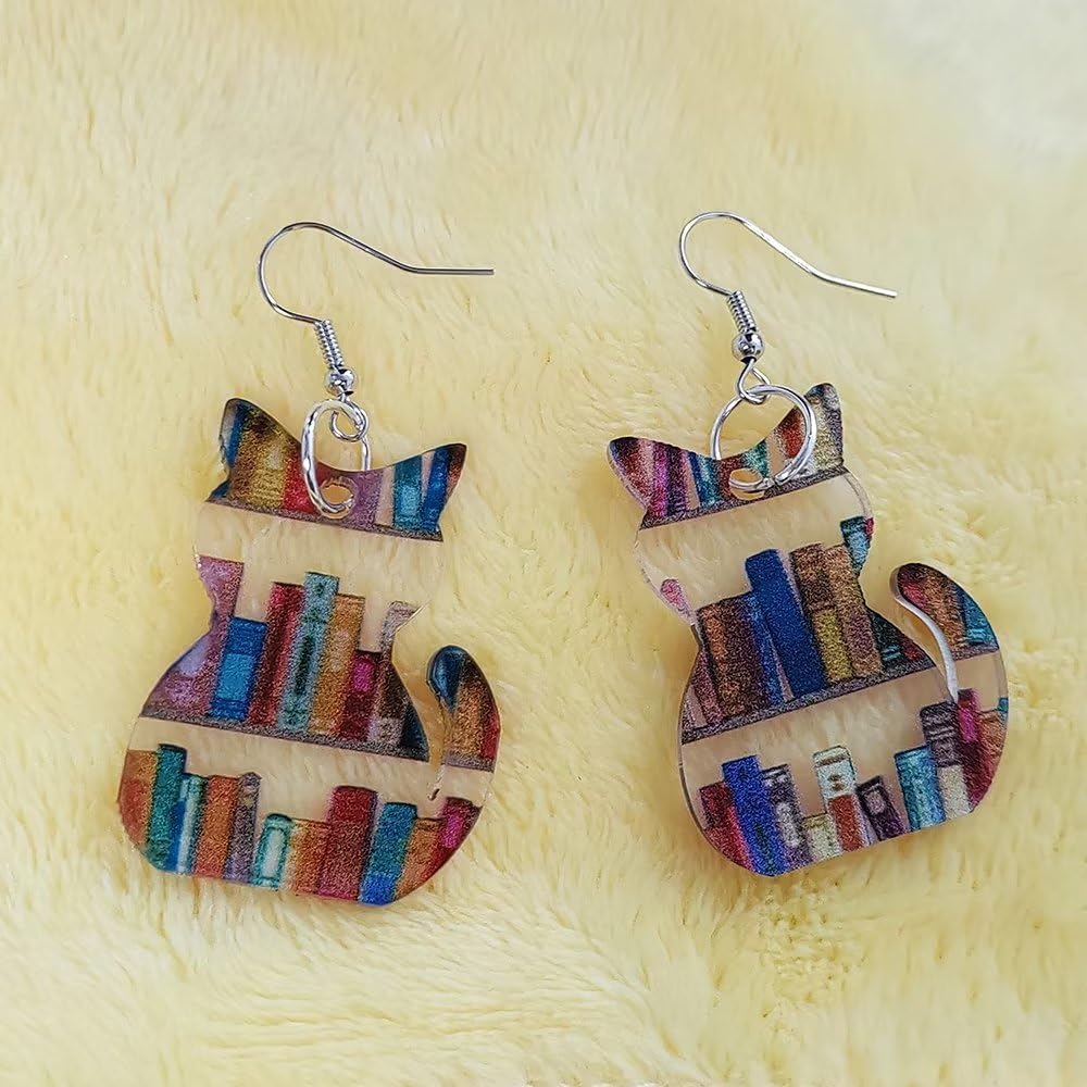 twinkle eye Pendientes de libro de gato Pendientes colgantes de libro de acrílico Regalos para amantes de los gatos Regalos para amantes de los libros para mujeres Bibliotecaria Regalos de regreso a la escuela para maestros