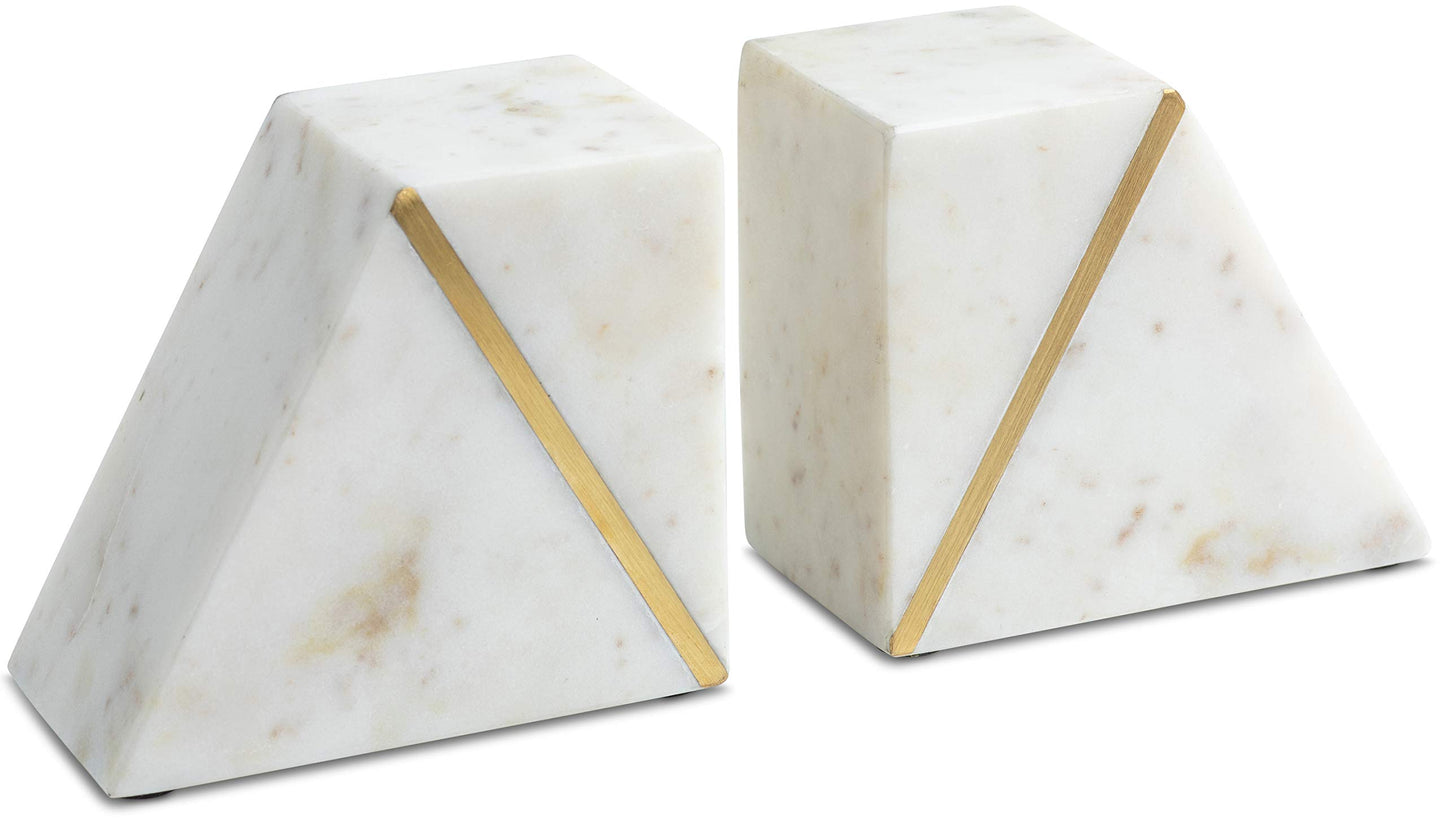 Cork & Mill Sujetalibros de mármol para estantes, sujetalibros decorativos para libros pesados, sujetalibros modernos únicos de mediados de siglo en blanco y dorado con incrustaciones de latón, tapón para estantería resistente, juego de 2