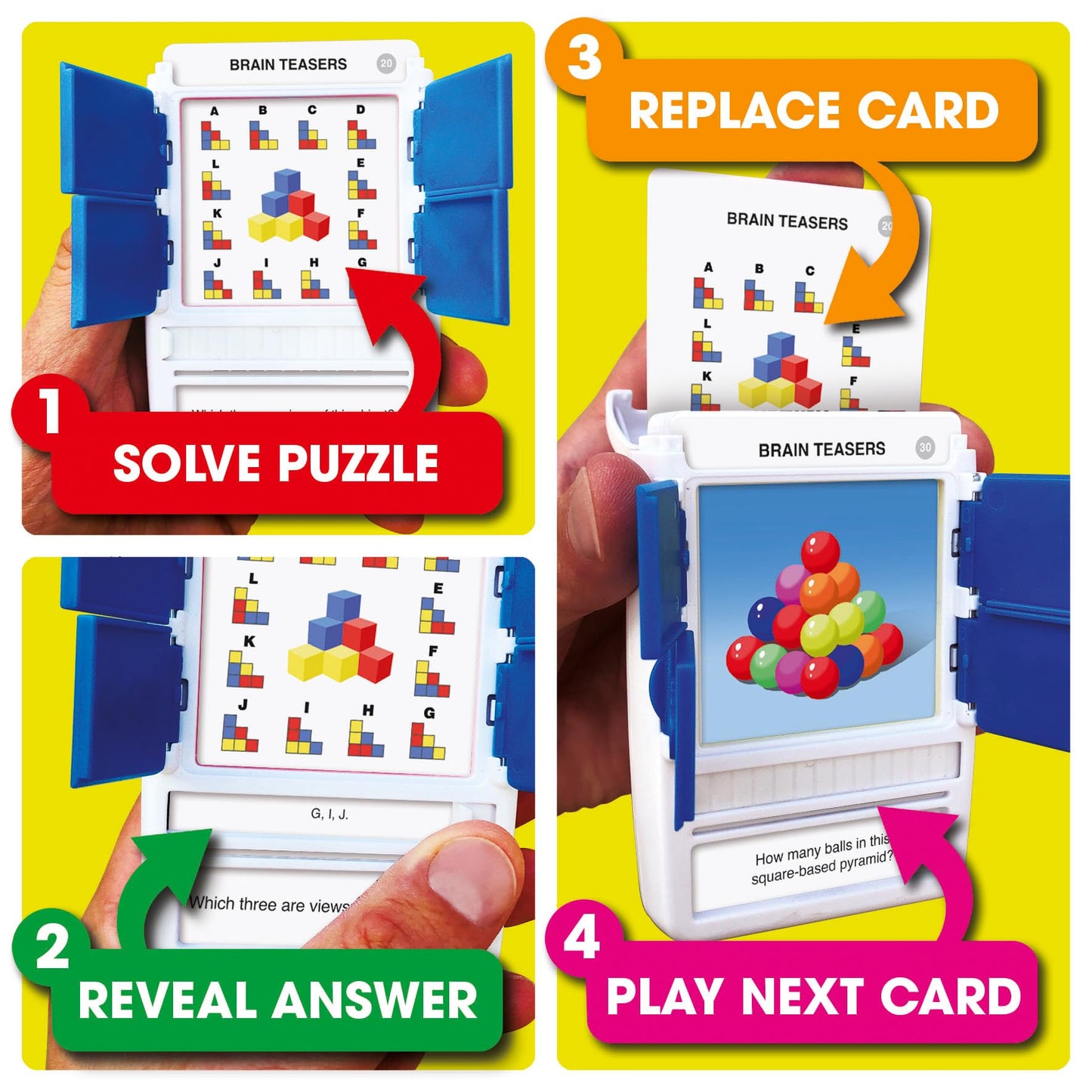 Juego de viaje 100 PICS Brain Teasers - Resuelve 100 rompecabezas | Tarjetas flash con estuche de revelación de diapositivas | Juego de cartas, regalo, relleno de calcetines | Horas de diversión para niños y adultos | Edad 6+