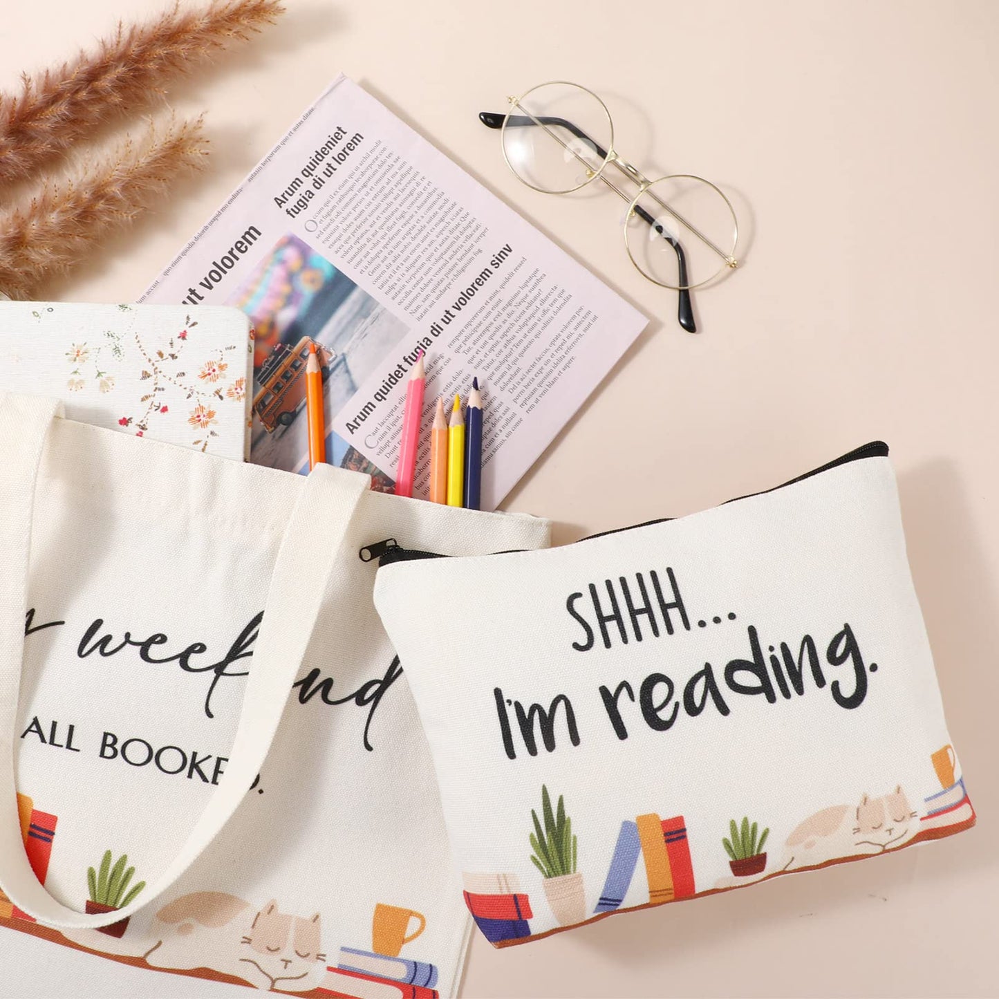 Sieral - 2 bolsas de lona reutilizables para libros, para amantes de los libros, para maquillaje, lectura, estuches para lápices, mochilas escolares, regalos con cremallera de metal, para bibliotecarios, mujeres y profesores