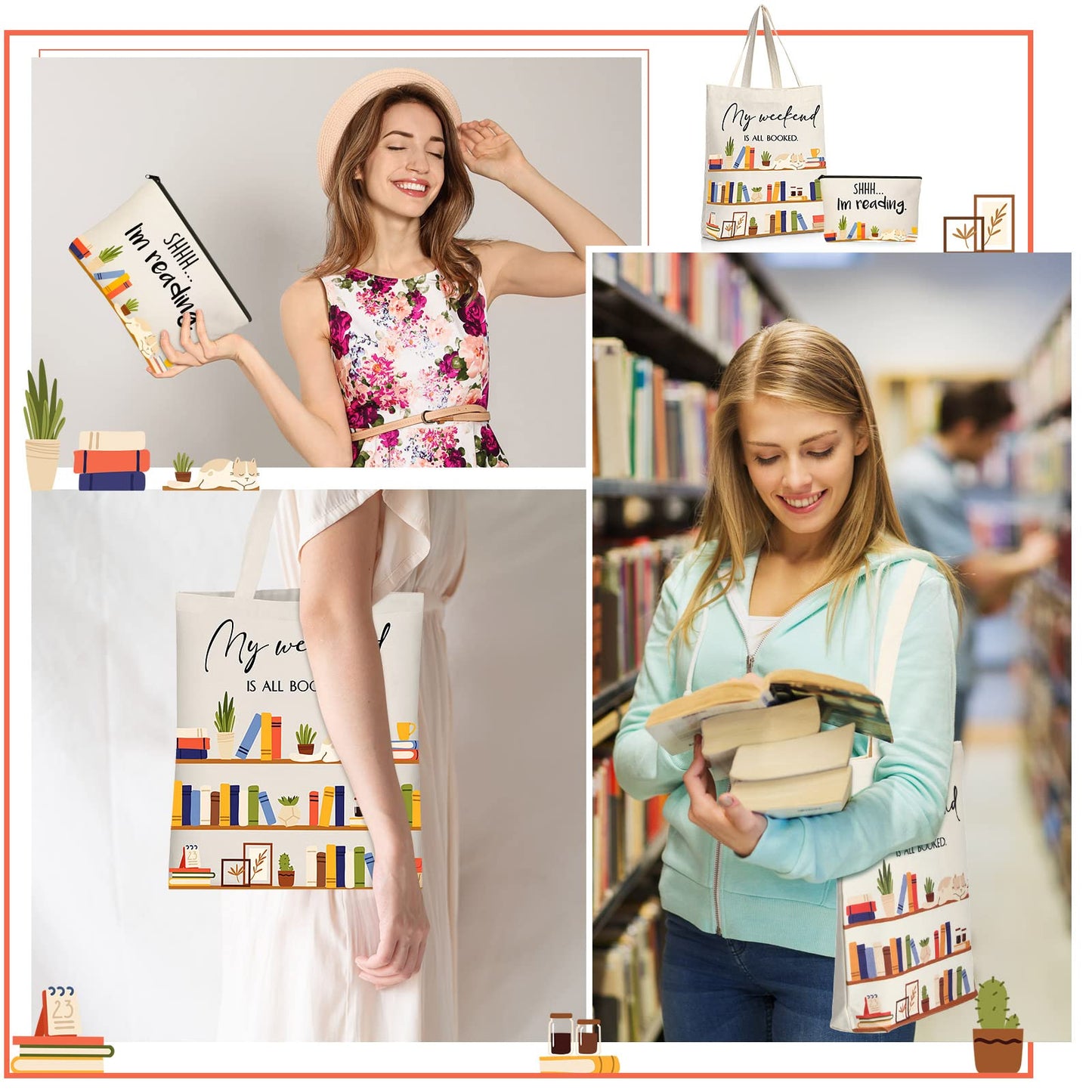 Sieral - 2 bolsas de lona reutilizables para libros, para amantes de los libros, para maquillaje, lectura, estuches para lápices, mochilas escolares, regalos con cremallera de metal, para bibliotecarios, mujeres y profesores
