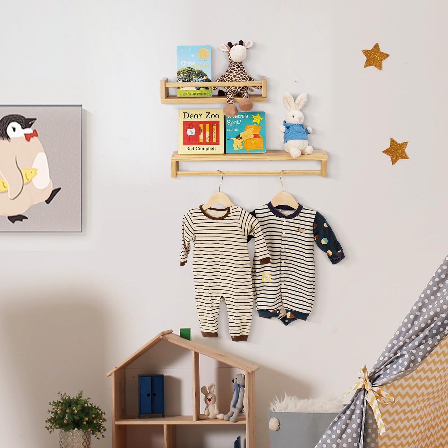 Gieanoo Nursery Book Shelves Wall Mounted, Solid Natural Wood Floating Bookshelves Kids Bookshelf Set of 2 Wall Bookshelves Toys Storage Organizer for Kids Room Bedroom Bathroom Nursery Decor 24inch