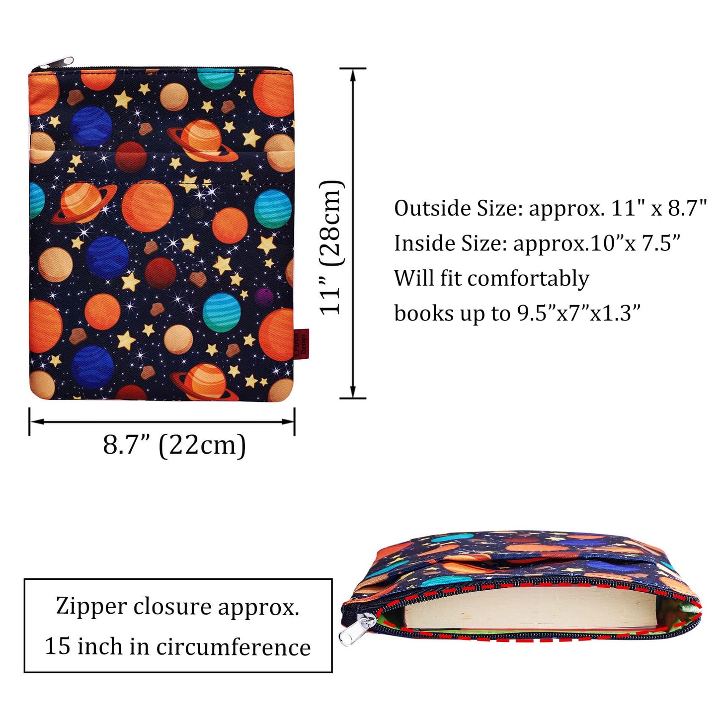 Funda para libros Galaxy Space Protector de libros, fundas para libros de bolsillo, tela lavable, fundas para libros con cremallera, regalo de libro mediano de 11 pulgadas x 8,7 pulgadas
