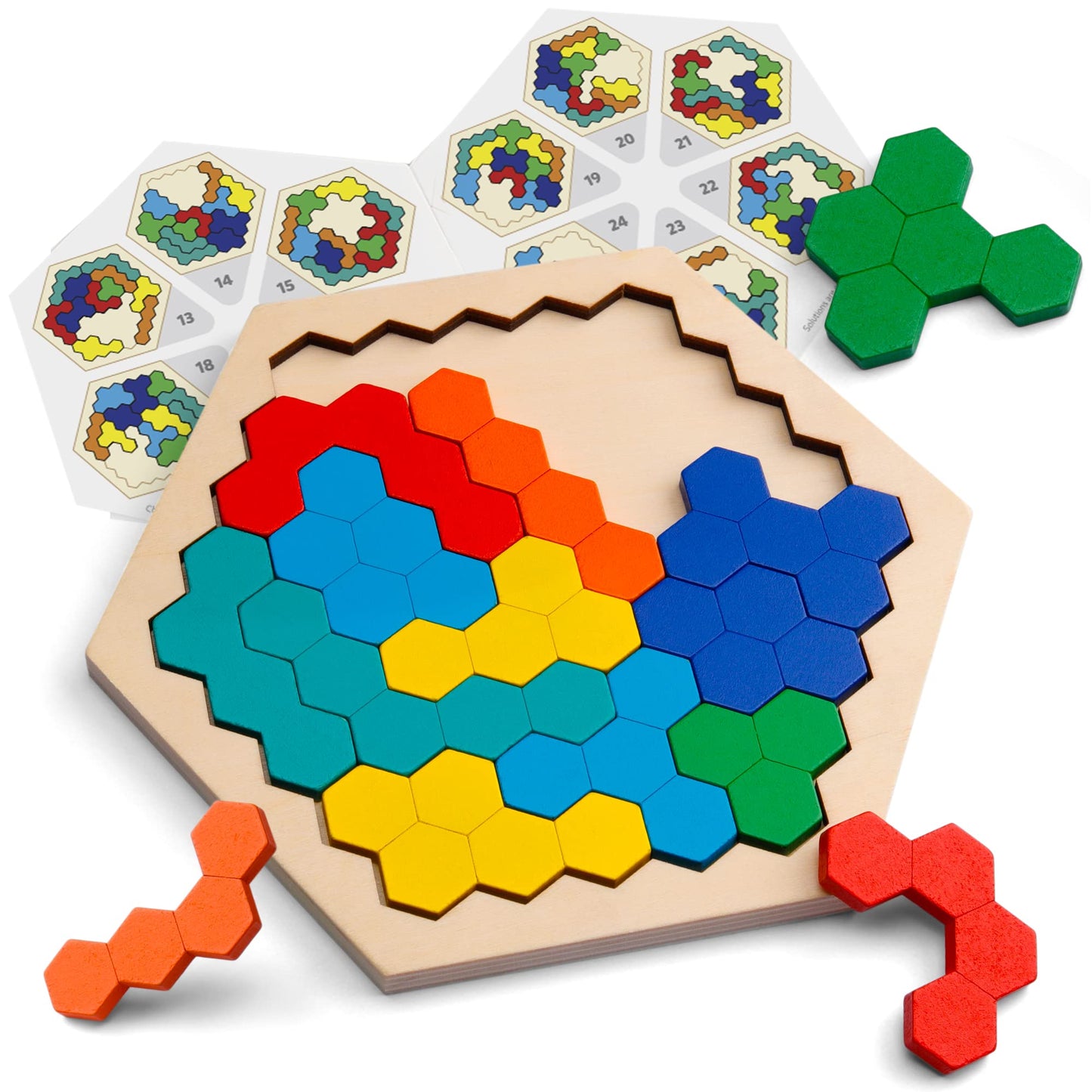 Coogam Rompecabezas hexagonal de madera para niños y adultos – Bloque de patrón de forma Tangram Brain Teaser Toy Geometría Lógica IQ Juego STEM Montessori Regalo educativo para todas las edades Desafío