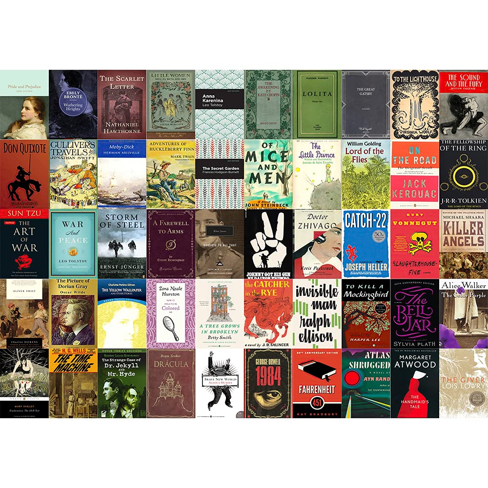 Rompecabezas de libros para adultos de 1000 piezas, rompecabezas de collage de portadas de libros esenciales, 50 mejores libros clásicos para agregar a su lista de deseos literarios, buen regalo para los amantes de los libros