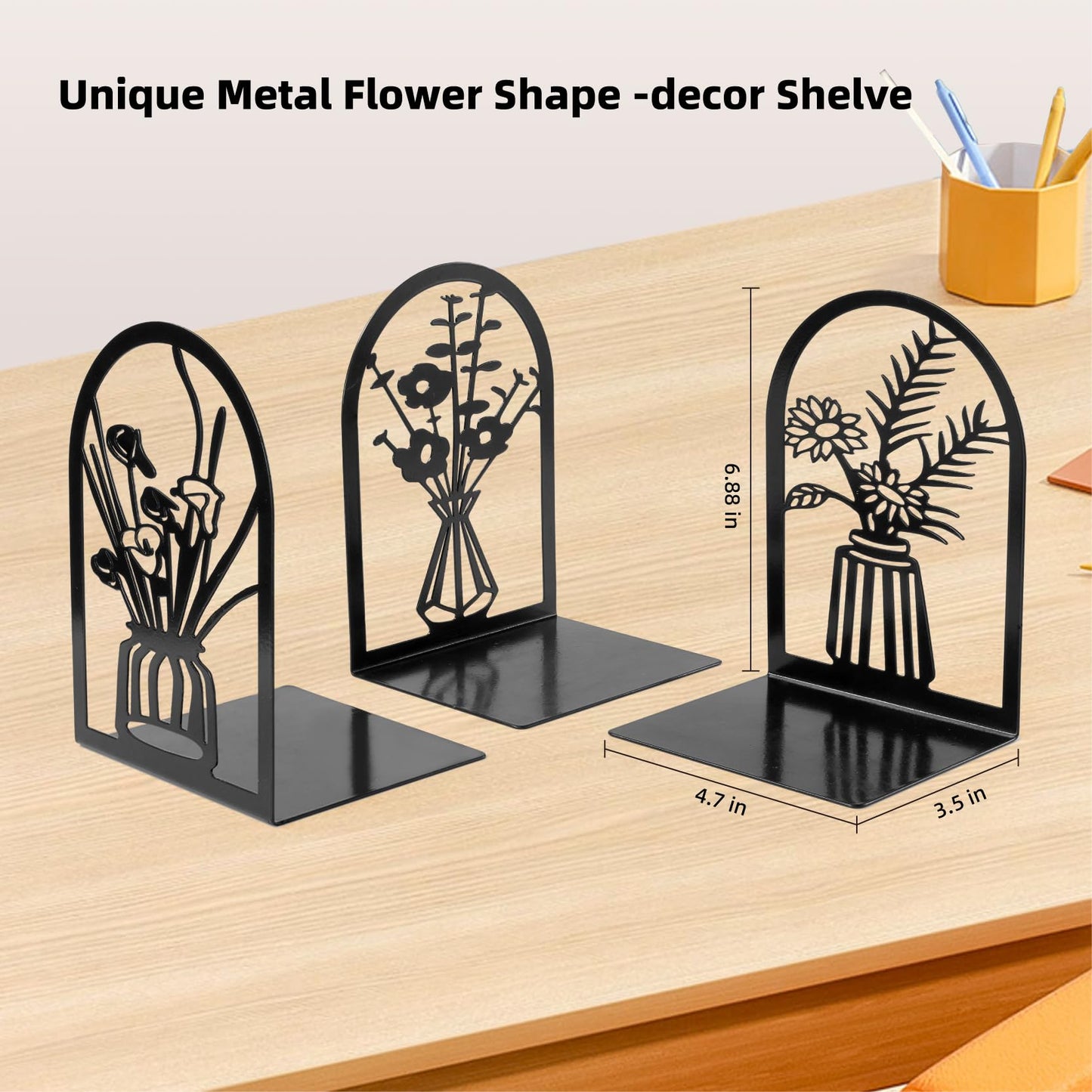 3 pares de sujetalibros de metal, extremos de libros de flores para estantes decorativos, tapón de libro para libros pesados, extremos para sujetar libros para oficina en casa