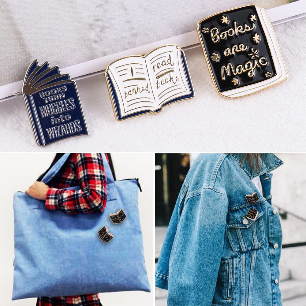 FOVIUPET - 7 pines esmaltados de dibujos animados con bolsa de terciopelo beige, insignias mágicas, bonitos broches decorativos para solapa, para mochilas, ropa, regalos de aprendizaje para profesores, estudiantes, lectores y amantes de los libros (SET A)