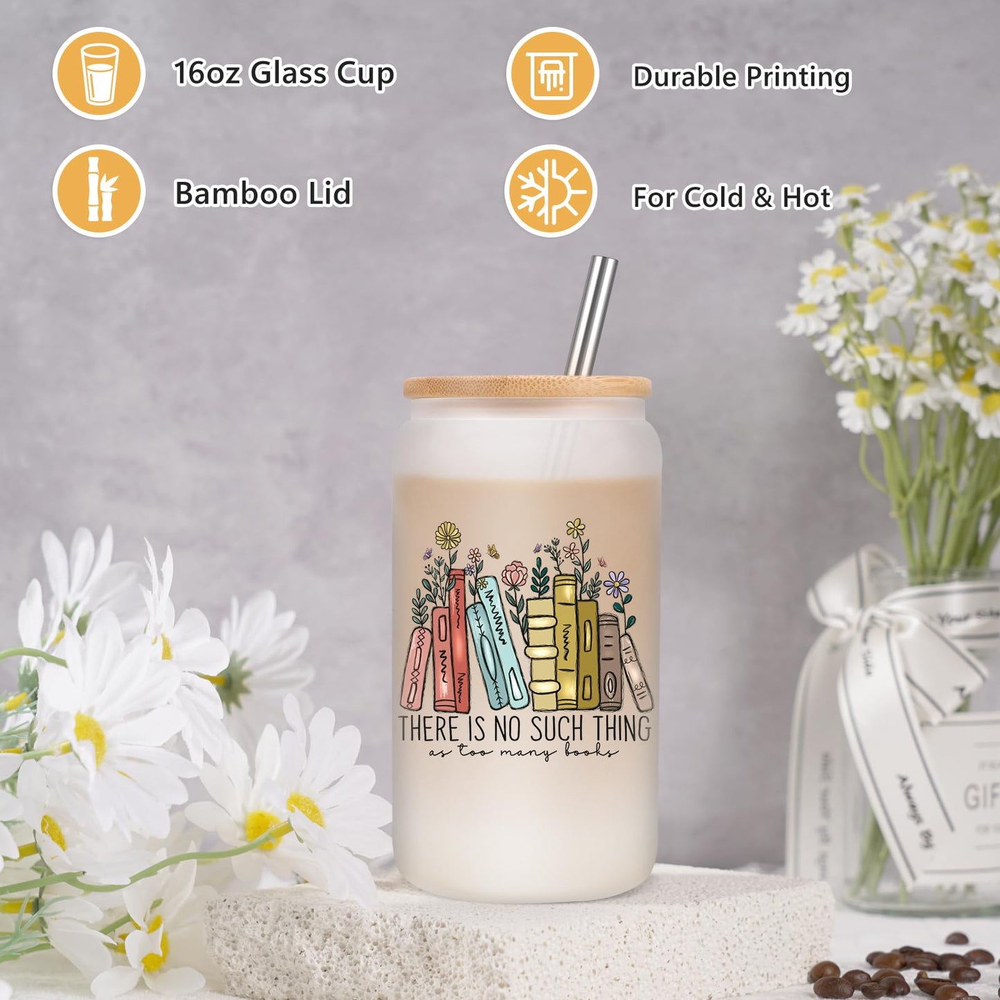 Vasos de vidrio LEADO de 473 ml con tapa y pajita - Regalos para amantes de la lectura - Regalos para el Día de la Madre - Regalos de cumpleaños para amantes de la lectura - Regalos con temática de libros - Accesorios para libros