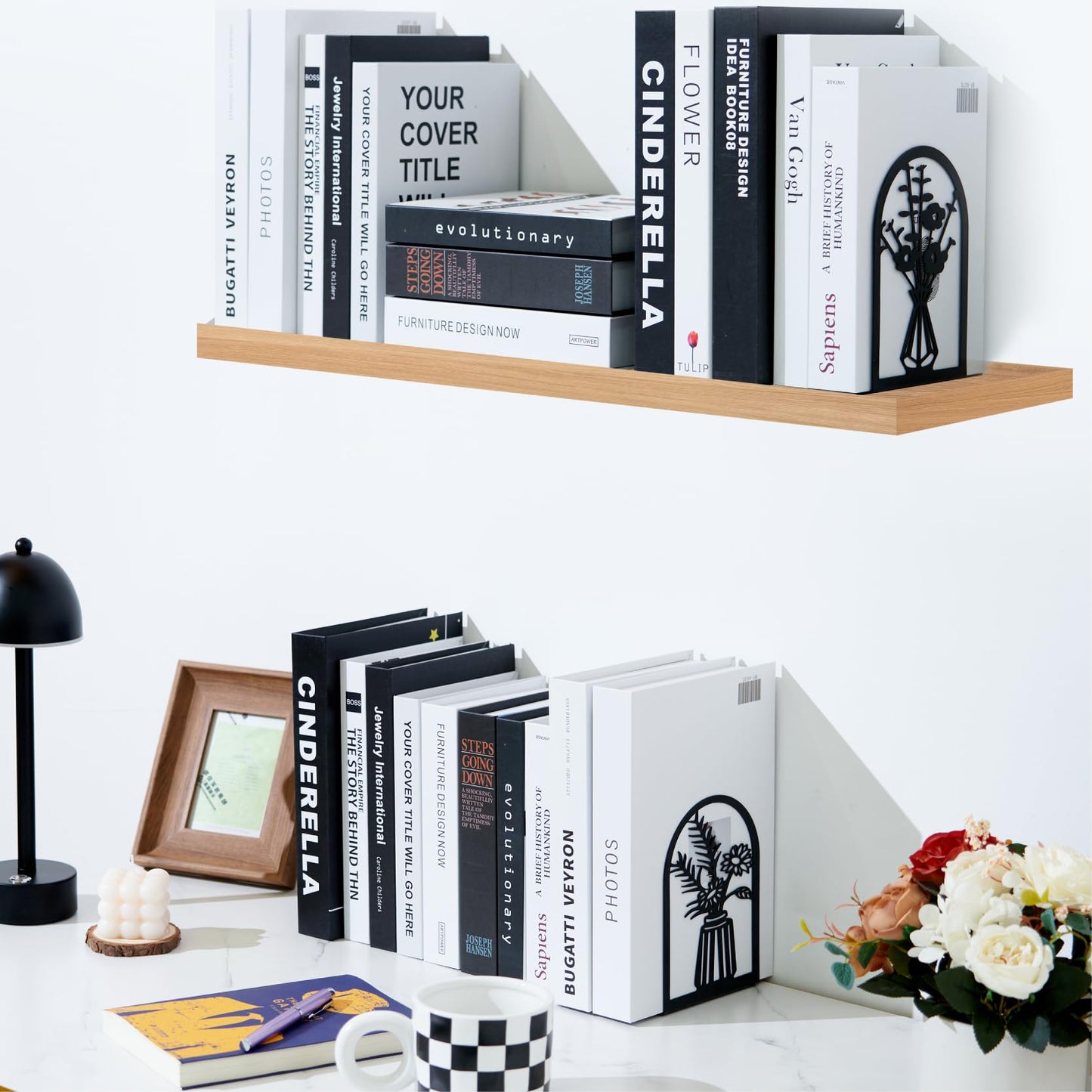 3 pares de sujetalibros de metal, extremos de libros de flores para estantes decorativos, tapón de libro para libros pesados, extremos para sujetar libros para oficina en casa