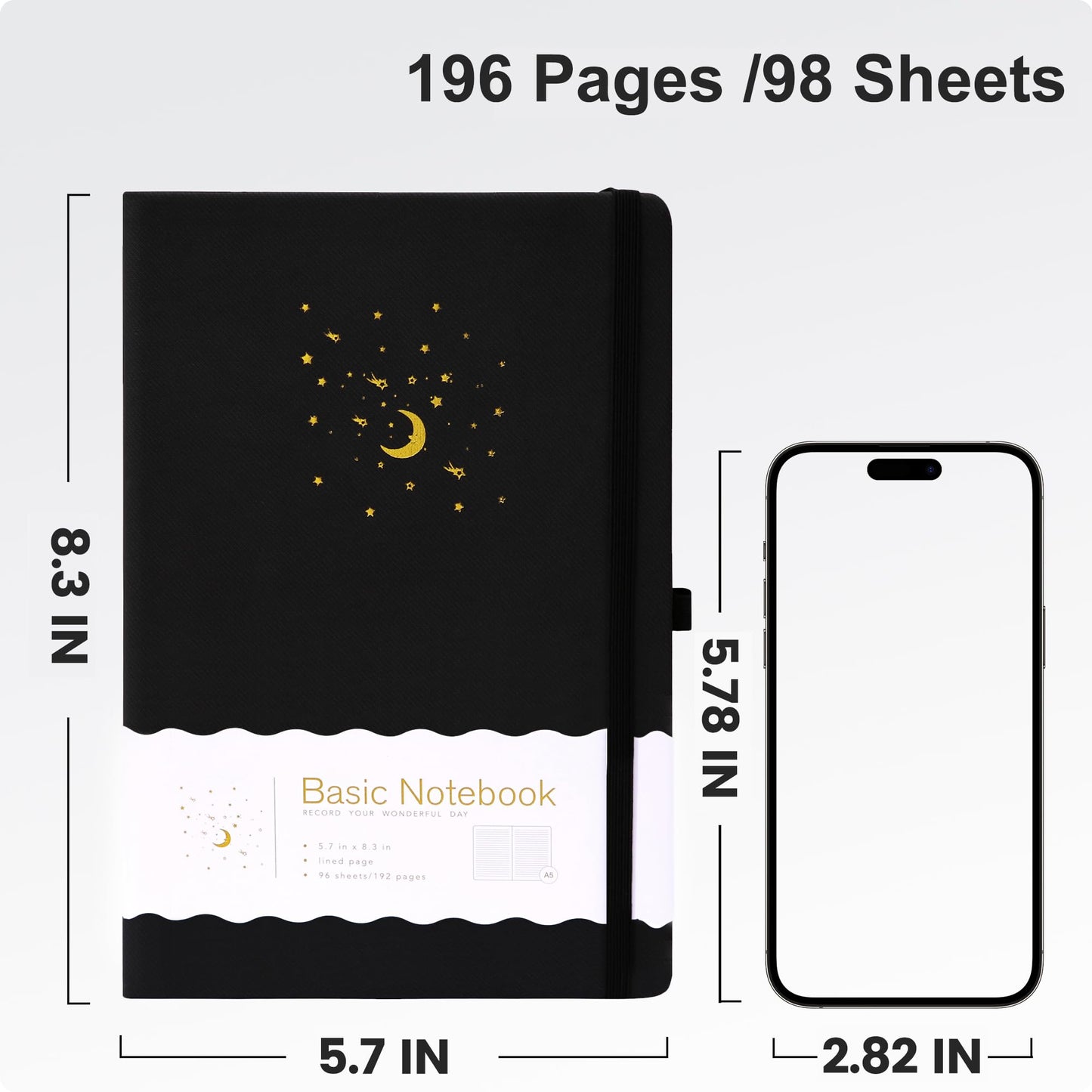 CAGIE Cuaderno forrado para el trabajo, 196 páginas, 5.7" x 8.3", cuadernos de tapa dura para escribir mujeres y hombres, diario para tomar notas con lazo para bolígrafo (rayas negras), regalos