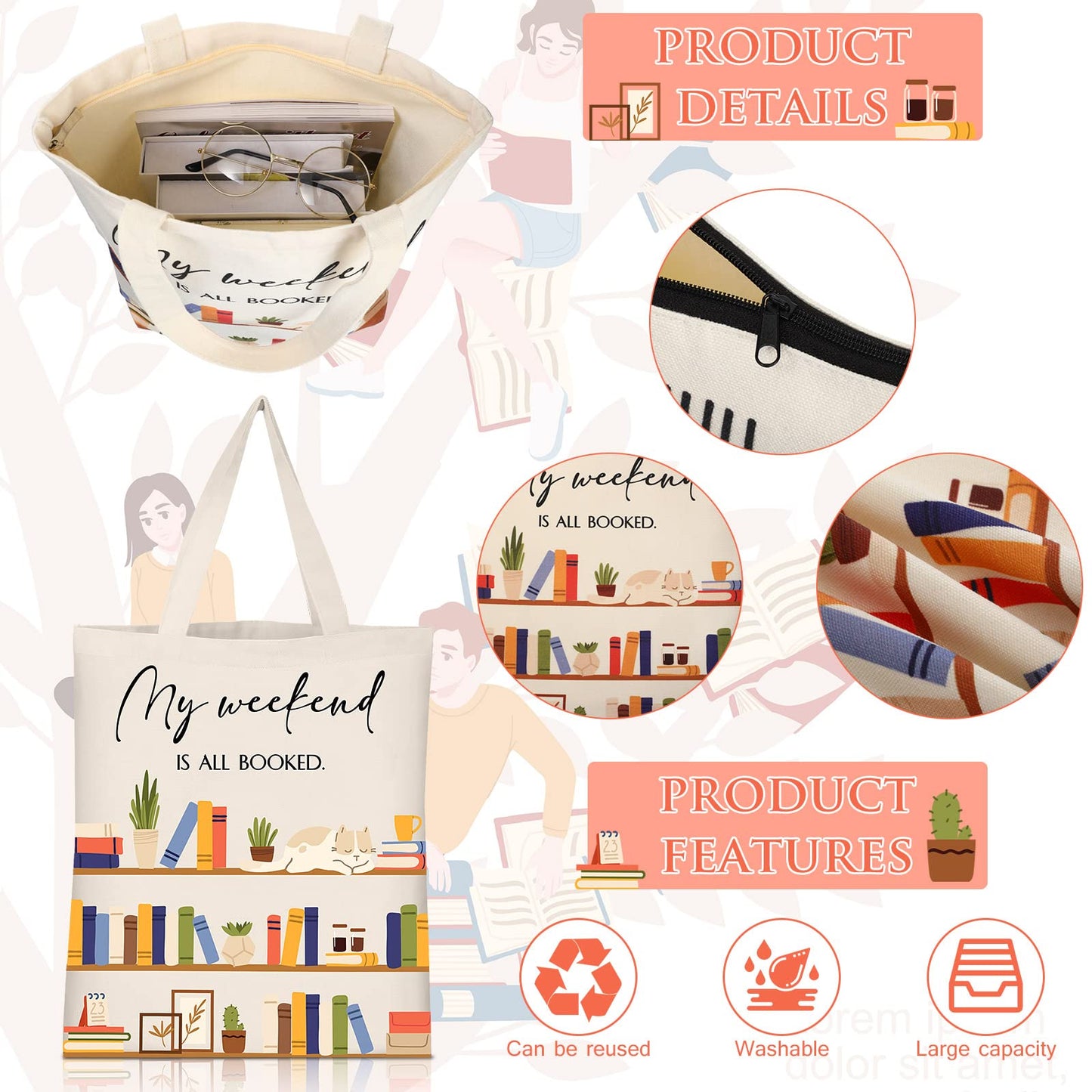 Sieral - 2 bolsas de lona reutilizables para libros, para amantes de los libros, para maquillaje, lectura, estuches para lápices, mochilas escolares, regalos con cremallera de metal, para bibliotecarios, mujeres y profesores