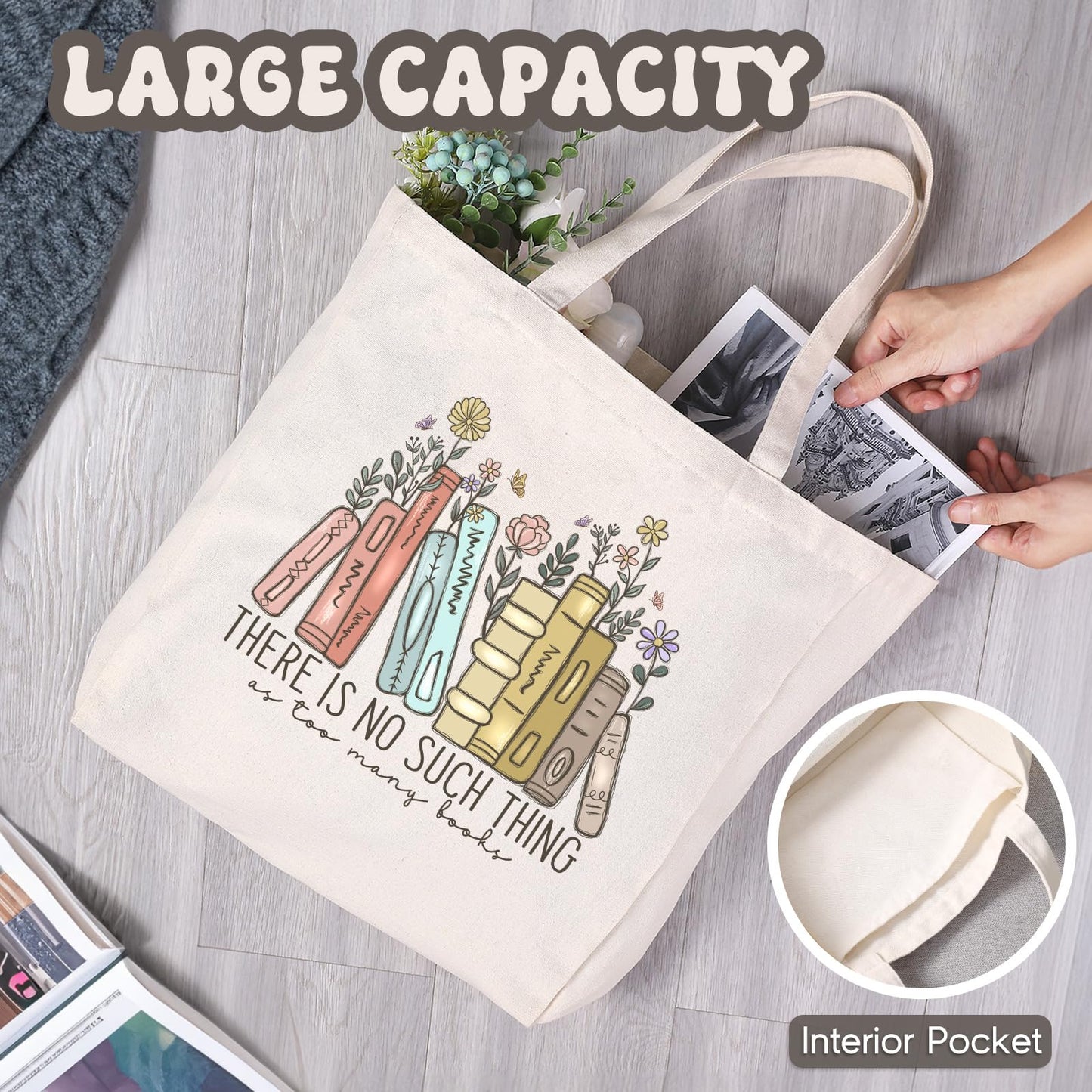 Bolsa de lona LEADO con bolsillos para libros, ideal para adultos, ideal para amantes de la lectura, Día de la Madre, cumpleaños y para mujeres. Ideal para bibliotecarios, lectores y amantes de los libros.