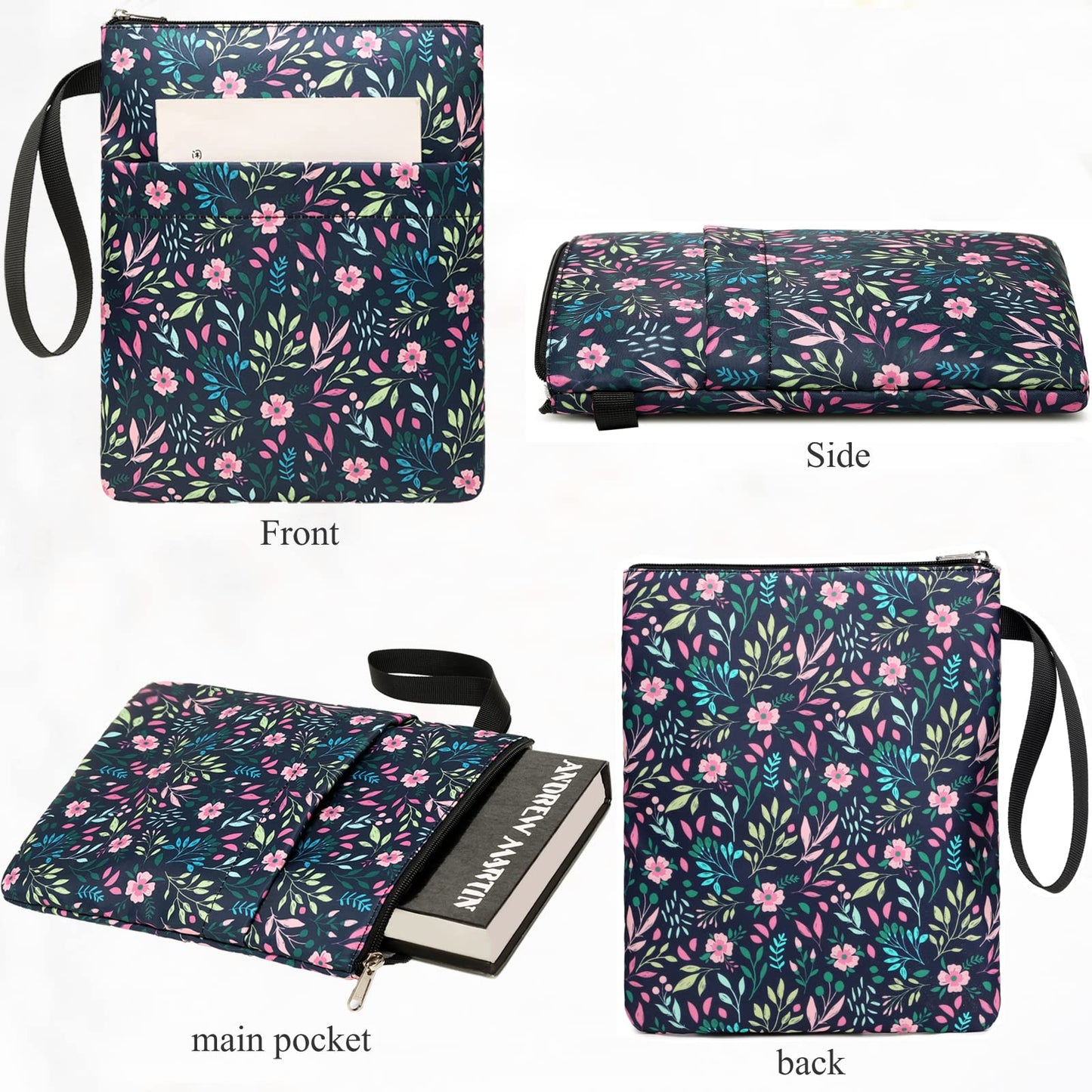 Funda para libros, protector de libros, estampado floral, con cremallera, tela lavable para adolescentes, adultos, amantes de los libros, profesores, estudiantes (mediano, 11 x 8,7 pulgadas)