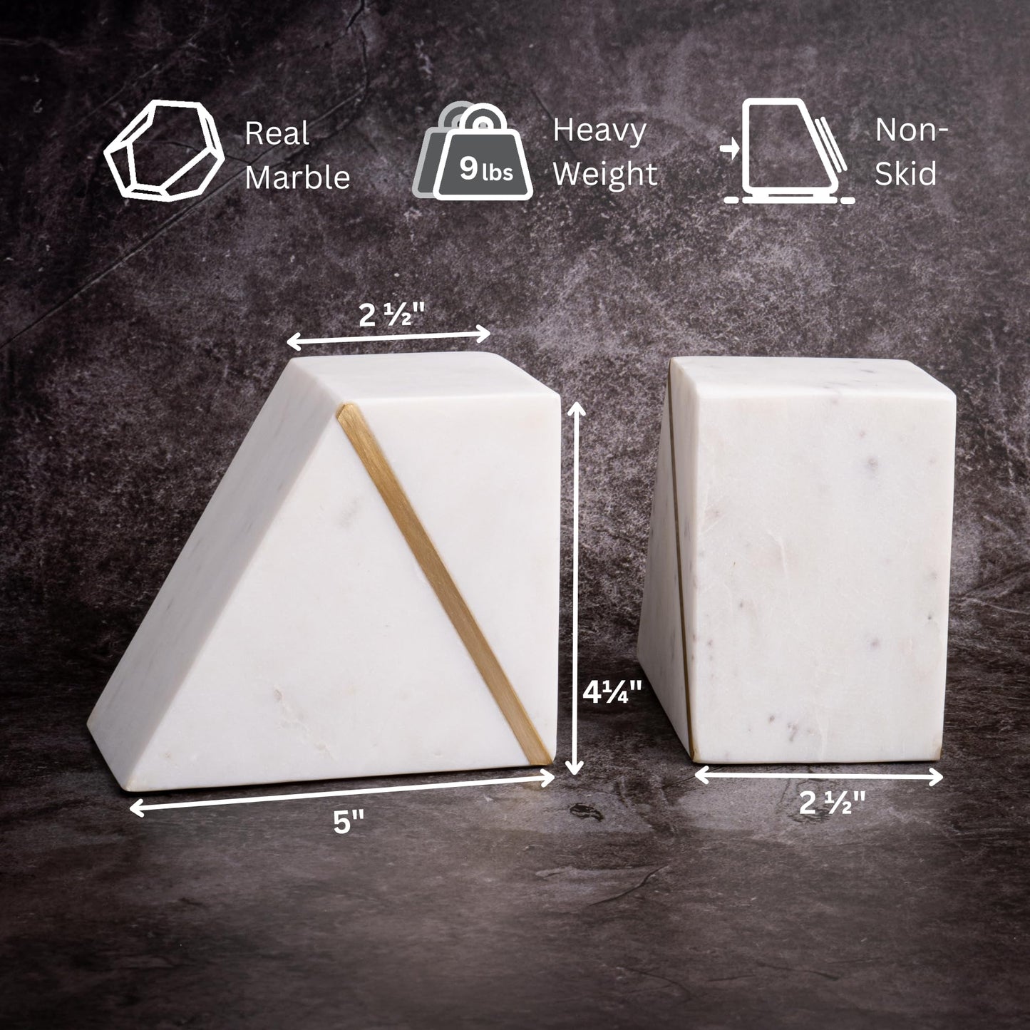 Cork & Mill Sujetalibros de mármol para estantes, sujetalibros decorativos para libros pesados, sujetalibros modernos únicos de mediados de siglo en blanco y dorado con incrustaciones de latón, tapón para estantería resistente, juego de 2