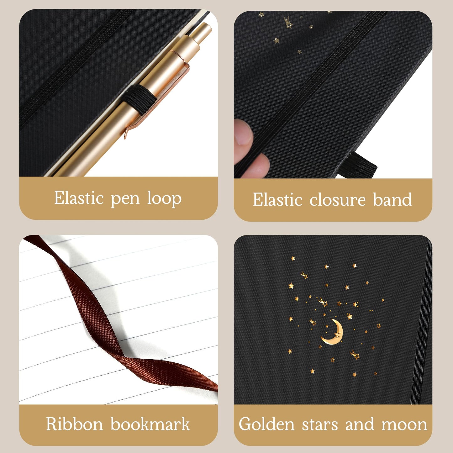 CAGIE Cuaderno forrado para el trabajo, 196 páginas, 5.7" x 8.3", cuadernos de tapa dura para escribir mujeres y hombres, diario para tomar notas con lazo para bolígrafo (rayas negras), regalos