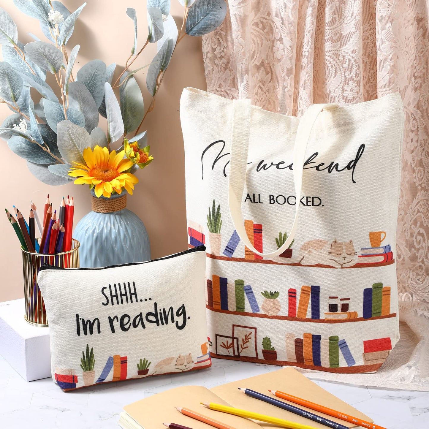 Sieral - 2 bolsas de lona reutilizables para libros, para amantes de los libros, para maquillaje, lectura, estuches para lápices, mochilas escolares, regalos con cremallera de metal, para bibliotecarios, mujeres y profesores