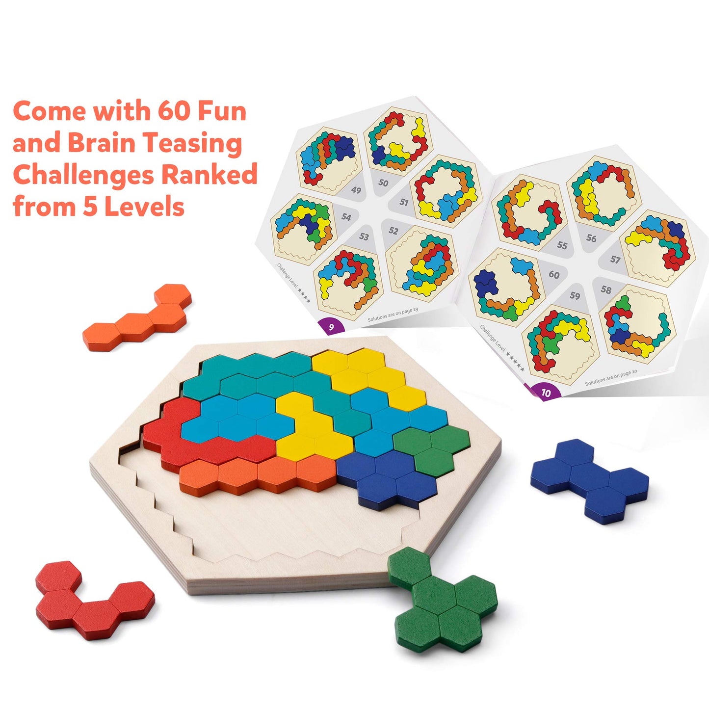 Coogam Rompecabezas hexagonal de madera para niños y adultos – Bloque de patrón de forma Tangram Brain Teaser Toy Geometría Lógica IQ Juego STEM Montessori Regalo educativo para todas las edades Desafío