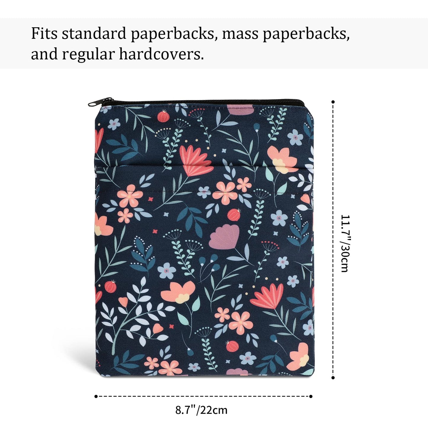 Funda para libros, protector de libros, estampado floral, con cremallera, tela lavable para adolescentes, adultos, amantes de los libros, profesores, estudiantes (mediano, 11 x 8,7 pulgadas)