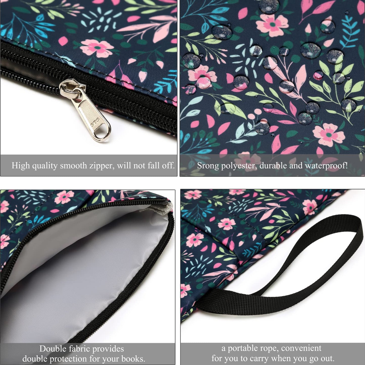 Funda para libros, protector de libros, estampado floral, con cremallera, tela lavable para adolescentes, adultos, amantes de los libros, profesores, estudiantes (mediano, 11 x 8,7 pulgadas)