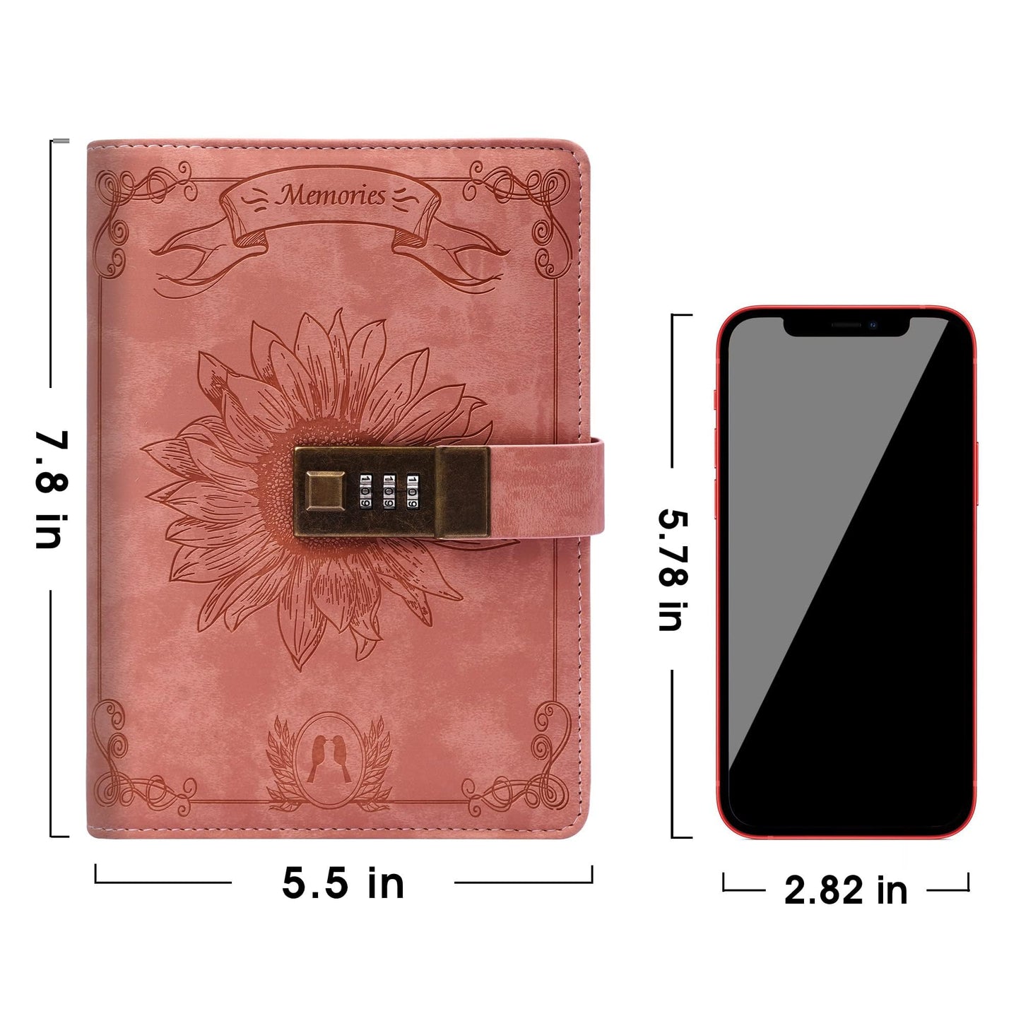 Lock Diary for Women Vintage Lock Journal Refillable Personal Locking Diary Leather Locking Journal Writing Notebook Girls B6 Secret Journal with Combination Passwords 5.5 x 7.8 in, Sunflower Pink