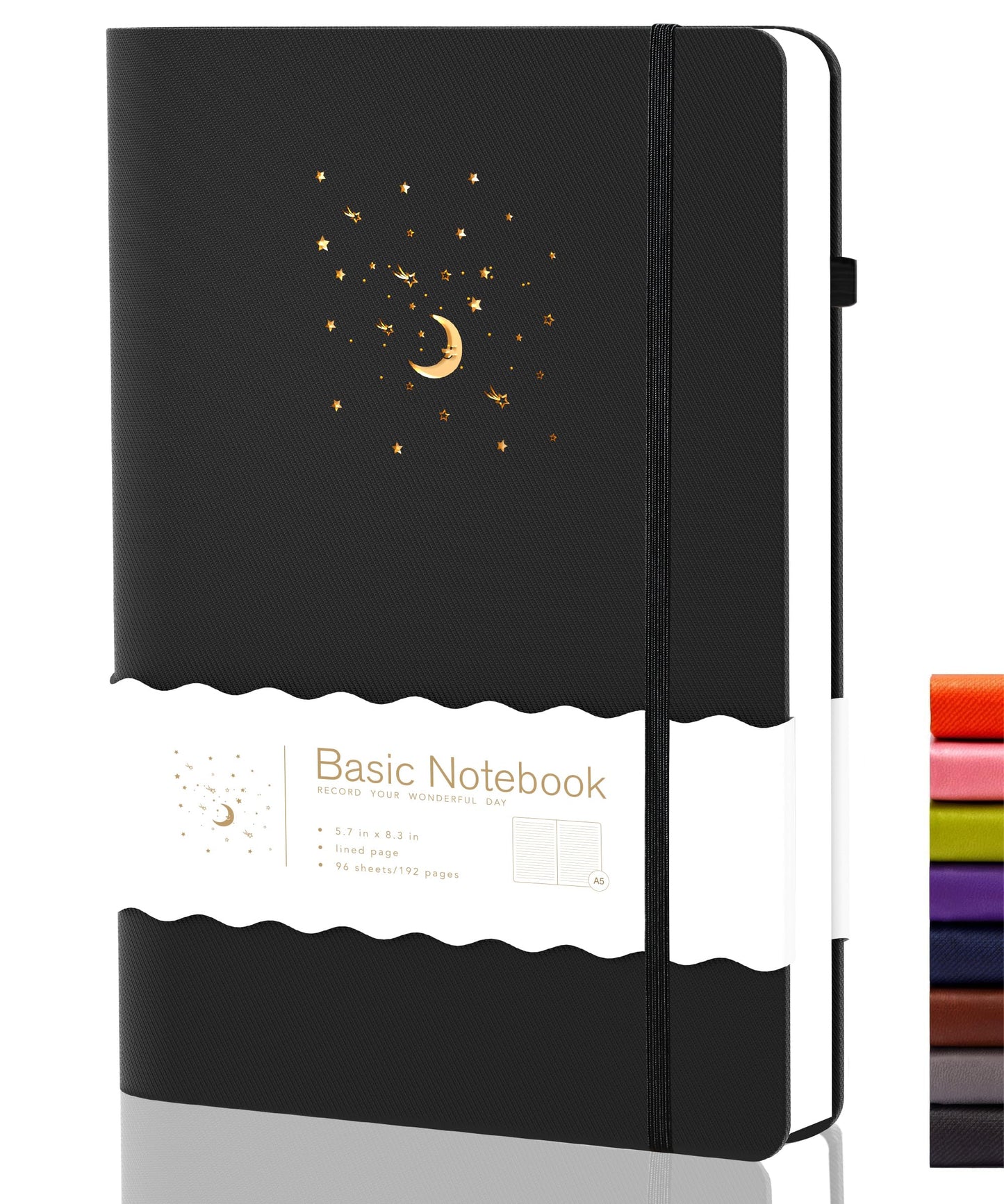 CAGIE Cuaderno forrado para el trabajo, 196 páginas, 5.7" x 8.3", cuadernos de tapa dura para escribir mujeres y hombres, diario para tomar notas con lazo para bolígrafo (rayas negras), regalos