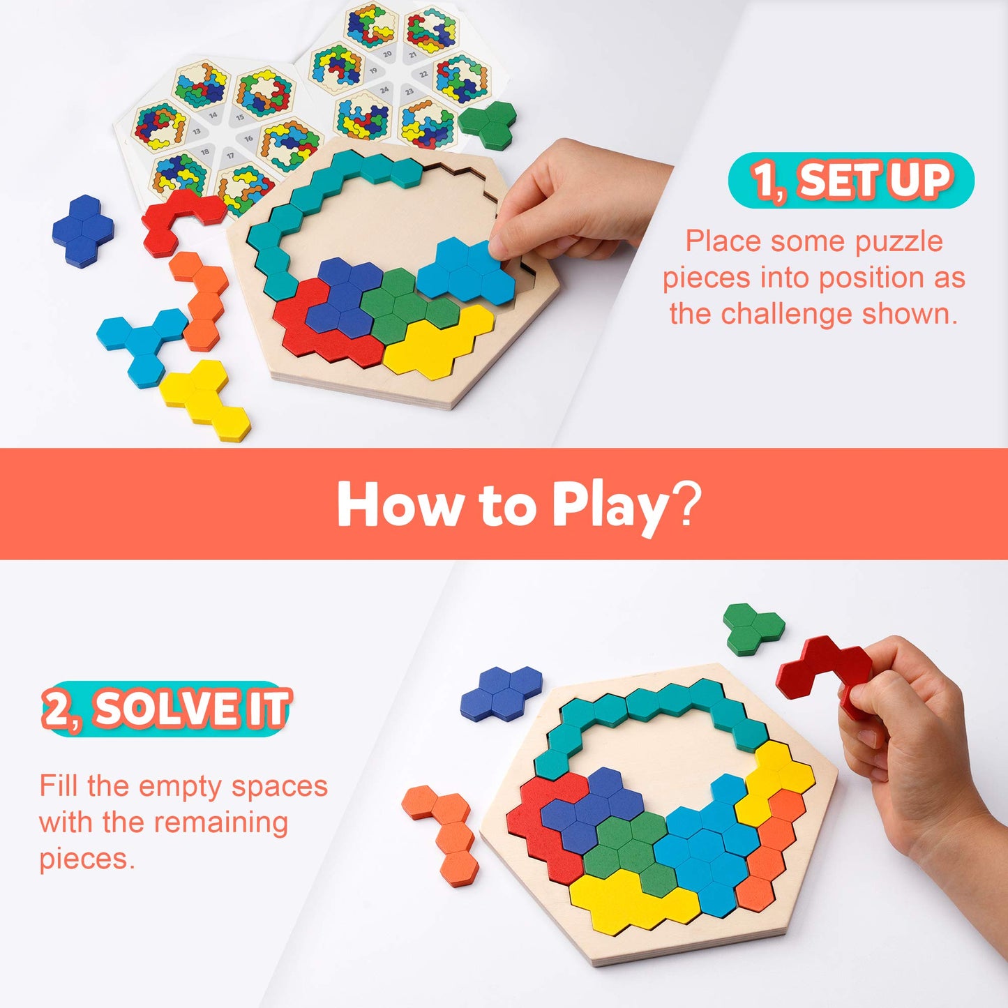 Coogam Rompecabezas hexagonal de madera para niños y adultos – Bloque de patrón de forma Tangram Brain Teaser Toy Geometría Lógica IQ Juego STEM Montessori Regalo educativo para todas las edades Desafío