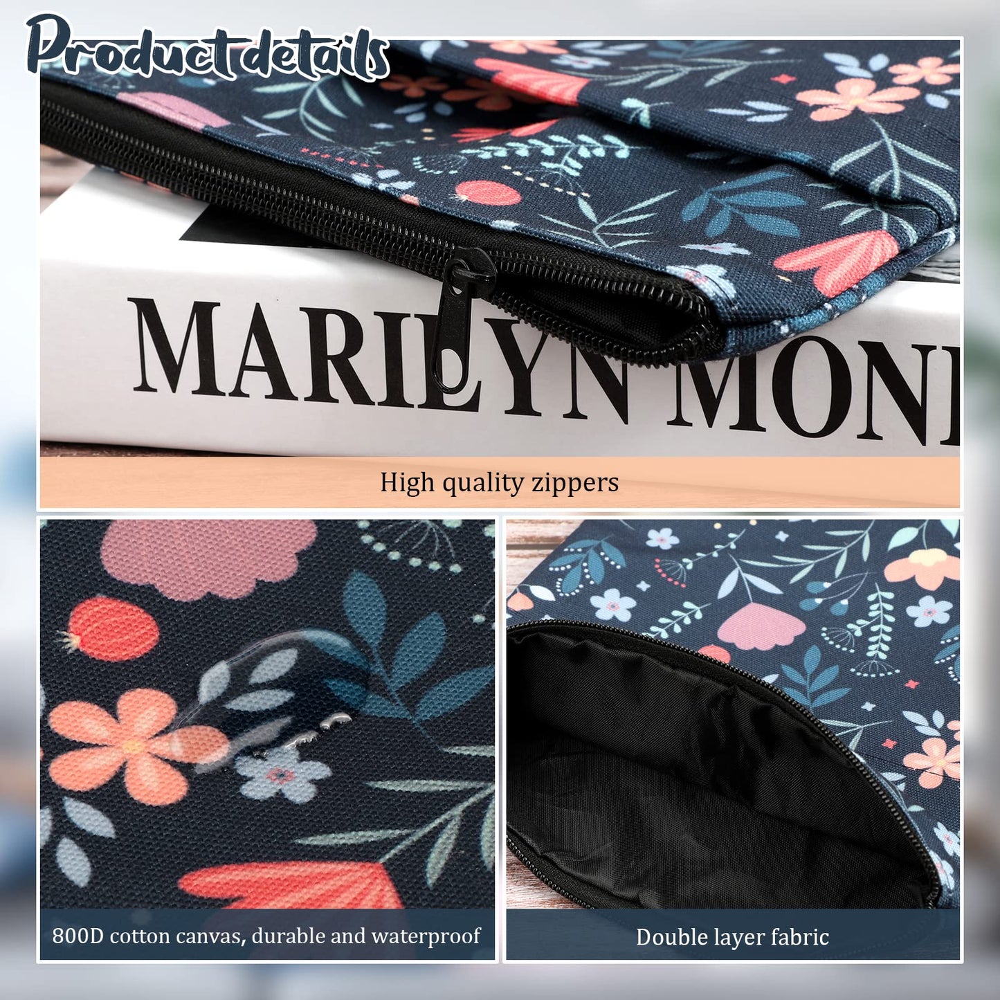 Funda para libros, protector de libros, estampado floral, con cremallera, tela lavable para adolescentes, adultos, amantes de los libros, profesores, estudiantes (mediano, 11 x 8,7 pulgadas)