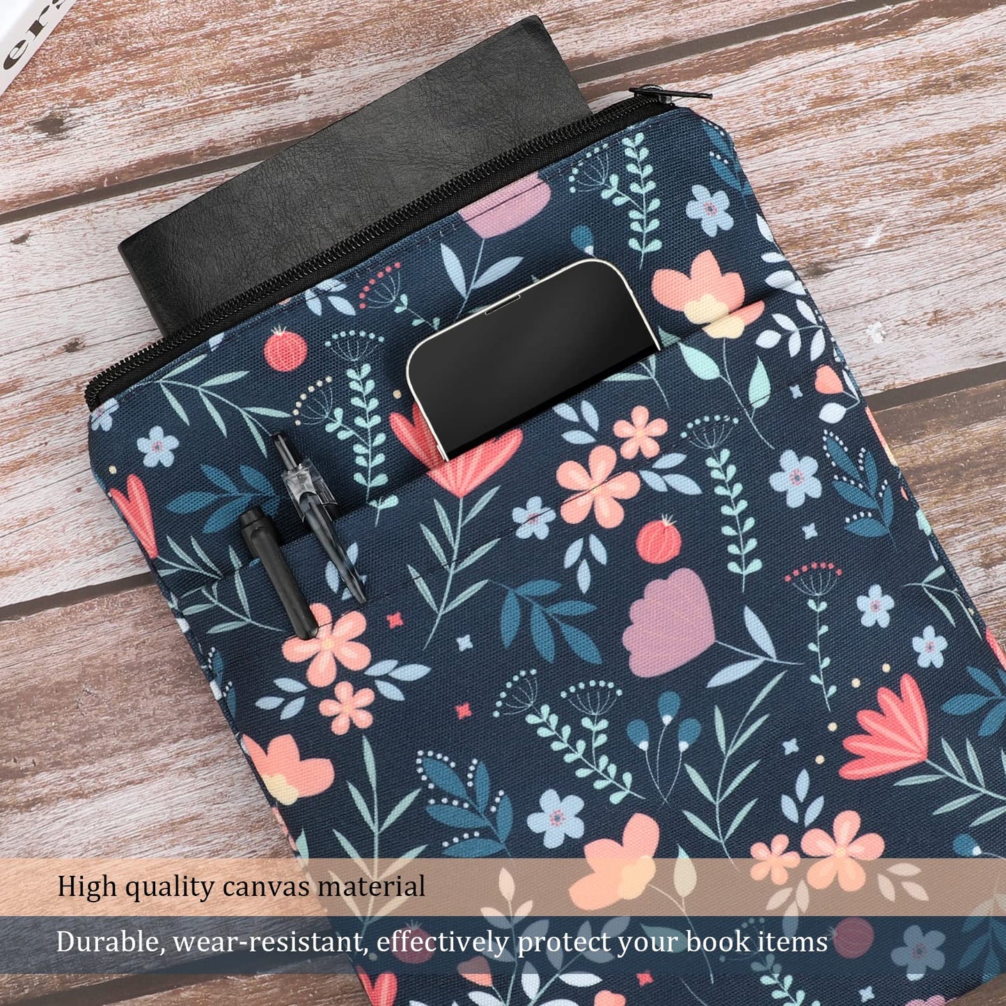 Funda para libros, protector de libros, estampado floral, con cremallera, tela lavable para adolescentes, adultos, amantes de los libros, profesores, estudiantes (mediano, 11 x 8,7 pulgadas)