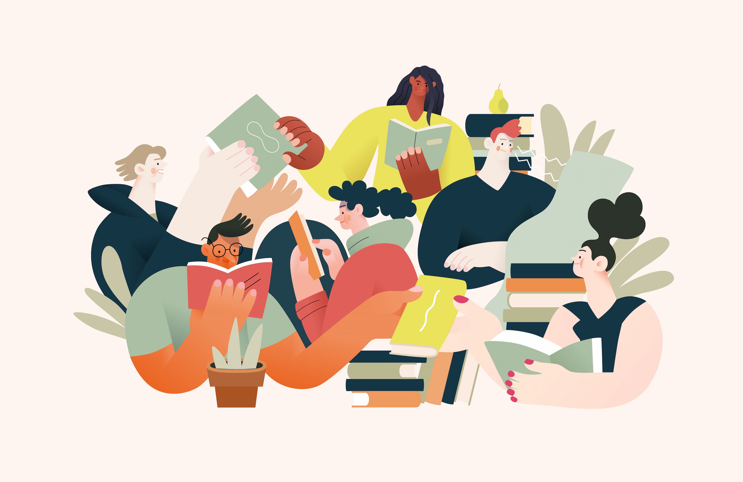 Illustration of diverse group of people reading books