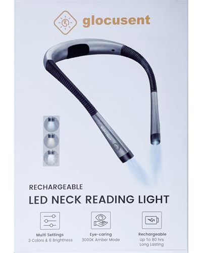 Glocusent Book Light, 3-Color & 6-Brightness Reading Light, Bendable Neck Light, Long Lasting Rechargeable Lamp, Perfect Book Light for Reading in Bed, Knitting, Camping, Repairing, Book Lovers Gifts