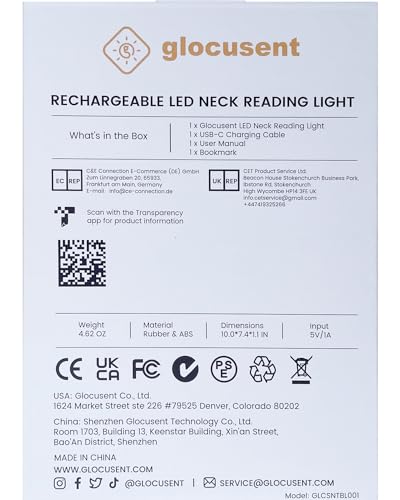 Glocusent Book Light, 3-Color & 6-Brightness Reading Light, Bendable Neck Light, Long Lasting Rechargeable Lamp, Perfect Book Light for Reading in Bed, Knitting, Camping, Repairing, Book Lovers Gifts