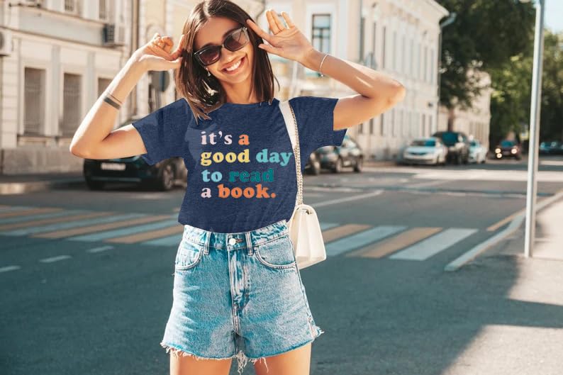 Teacher Shirts Women It's a Good Day to Read a Book Letter Print Graphic Tee Reading Book Shirt Book Lovers Gift Tops Dark Blue