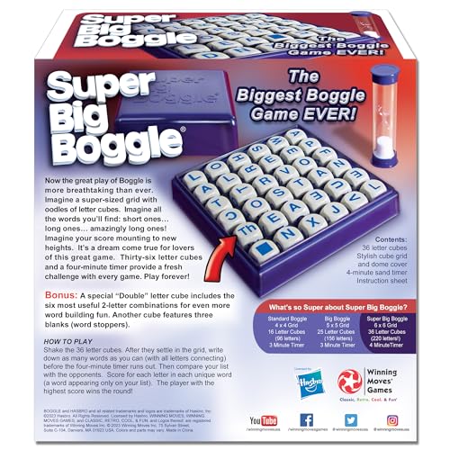 Super Big Boggle with 6x6 Grid and 36 Letter Cubes by Winning Moves Games USA, the Biggest Boggle Game Ever, 4 Minute Sand Timer, for 2 or More Players, Ages 8+ (1165)