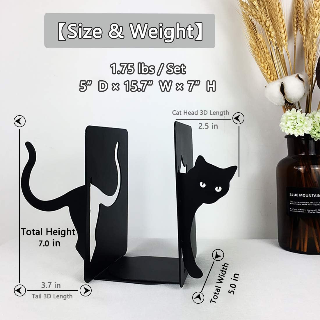 PandS Black Cat Book Ends - Decorative Bookend for Shelves,Book Holder for Desktop, Cute Animal Decor for Home & Office, Gift for Cat Lovers Heavy Duty