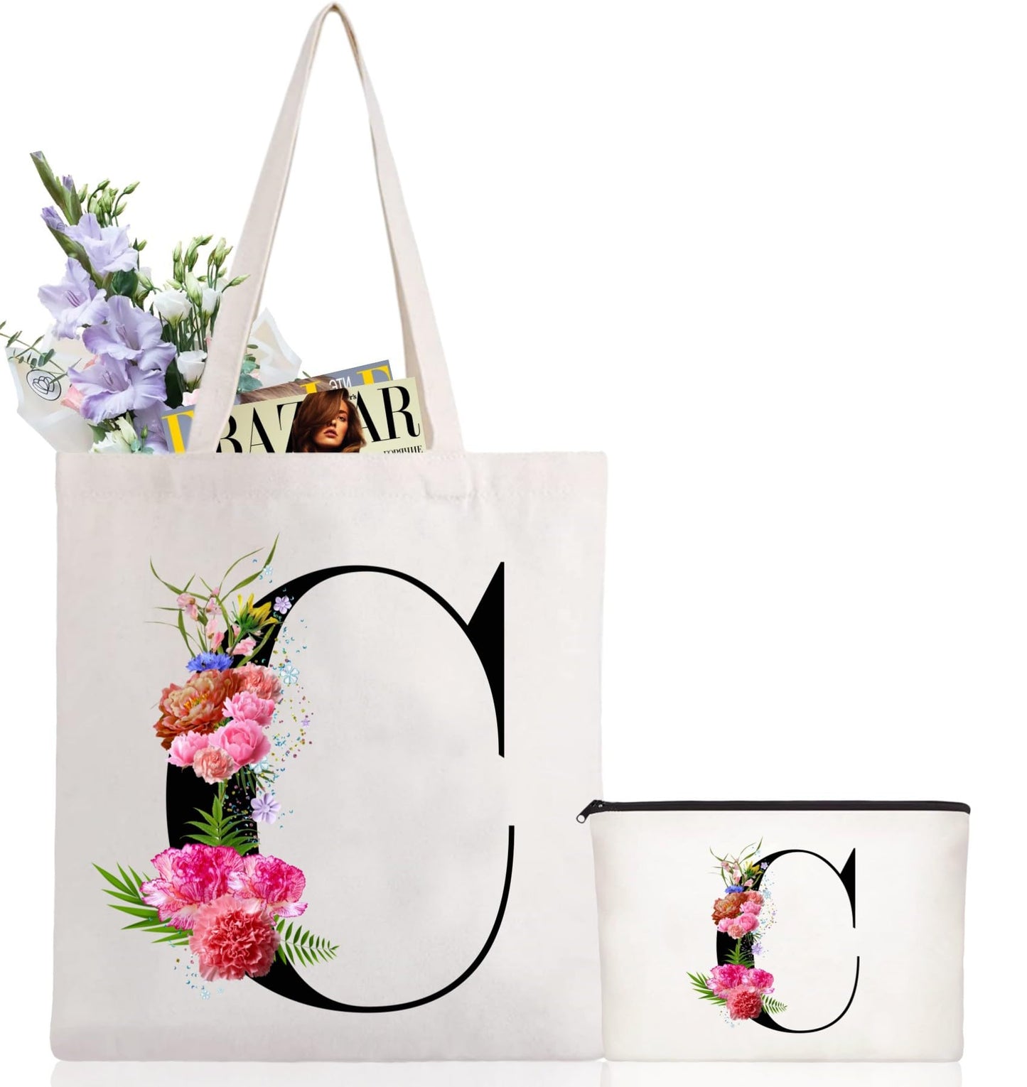 Andeiltech Initial Canvas Tote Bag Floral Letter Personalized Makeup Bag Monogrammed Gift for Bridesmaids Birthday Wedding