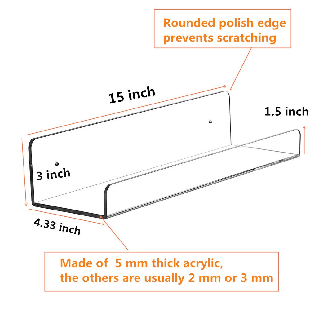 CY craft 透明亚克力浮动搁板展示架，5 毫米厚壁挂式储物架，适用于厨房/浴室/办公室，隐形儿童书架和调料架，15 英寸，4 件套
