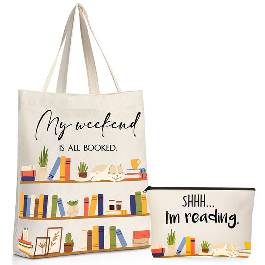 Sieral 2 Pcs Book Lovers Gifts Bookshelf Tote Bag Makeup Reading Canvas Bag Reusable Book Tote Bag Cosmetic Pencil Cases School Bag Gift with Metal Zipper Bookish Librarian Gifts for Women Teacher