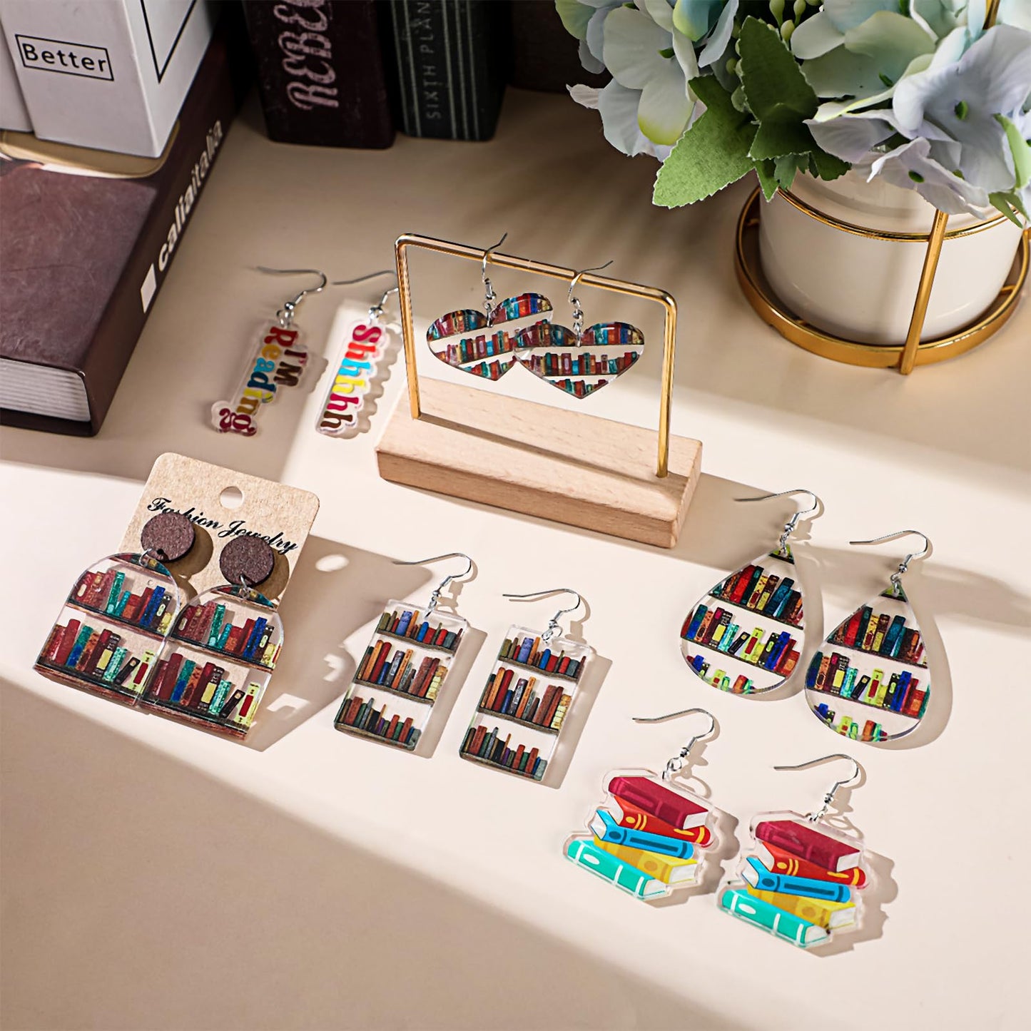 6 Pairs Book Earrings for Women Bookshelf Dangle Earrings Teacher Earrings Heart Library Earrings Funny Acrylic Earrings for Book Lovers Book Stack Teardrop Teacher Appreciation Gifts